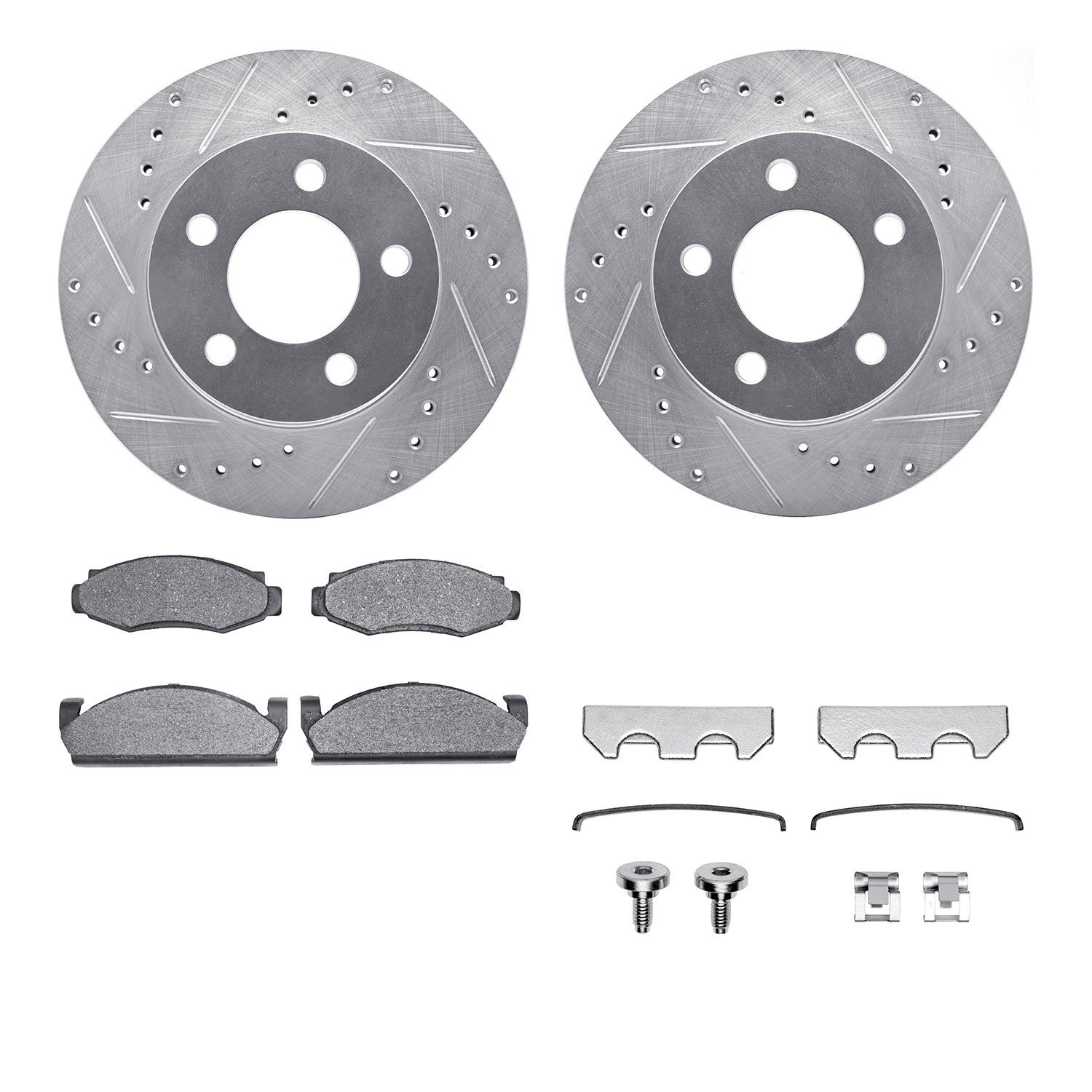 7512-42057 Drilled/Slotted Brake Rotors w/5000 Advanced Brake Pads Kit & Hardware [Silver], 1980-1981 GM, Position: Front