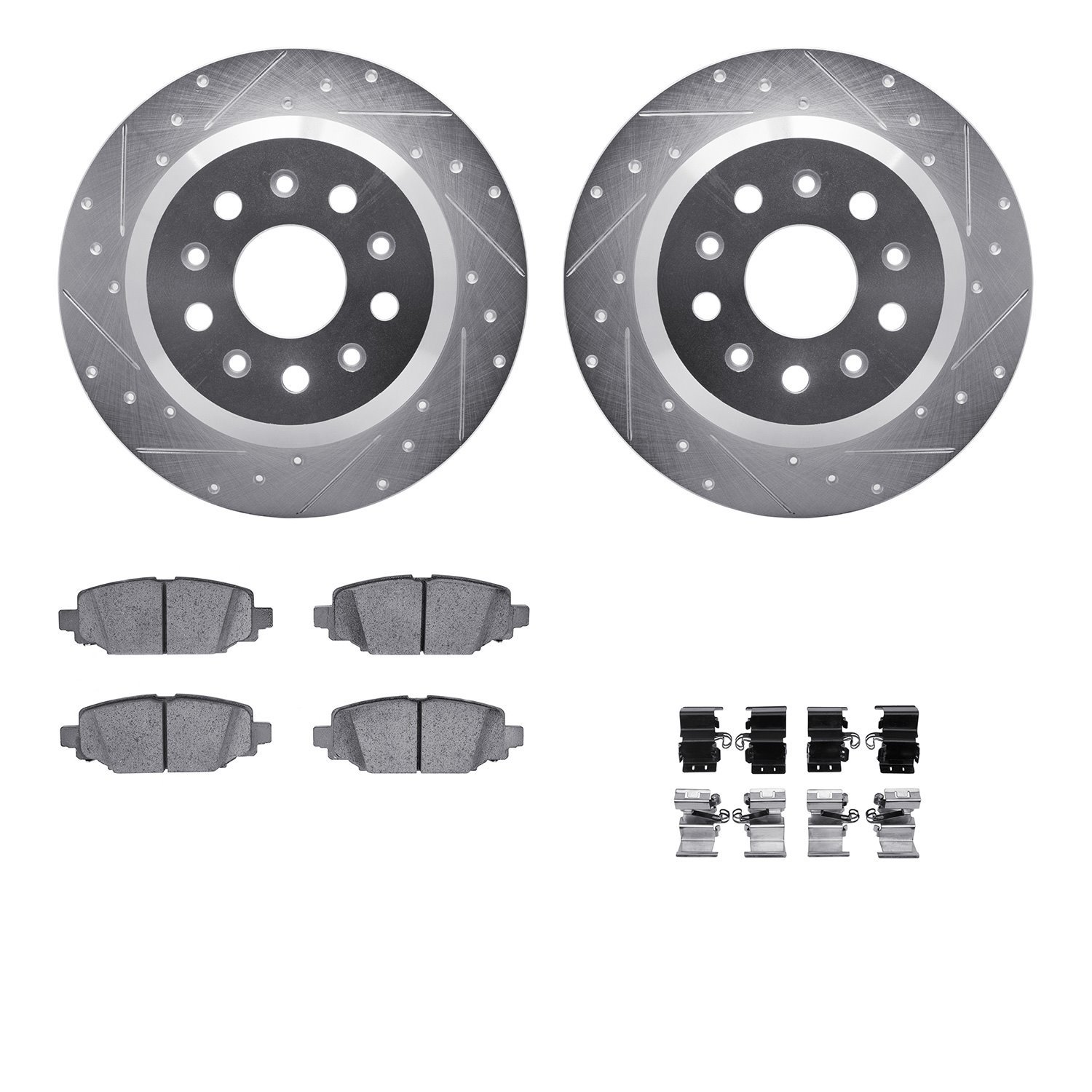 7512-42063 Drilled/Slotted Brake Rotors w/5000 Advanced Brake Pads Kit & Hardware [Silver], Fits Select Mopar, Position: Rear