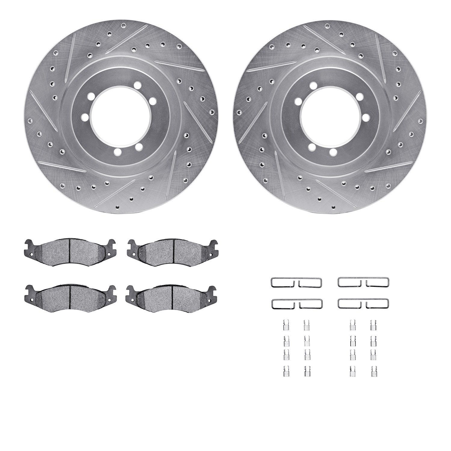 7512-44004 Drilled/Slotted Brake Rotors w/5000 Advanced Brake Pads Kit & Hardware [Silver], 1996-2001 Mopar, Position: Rear