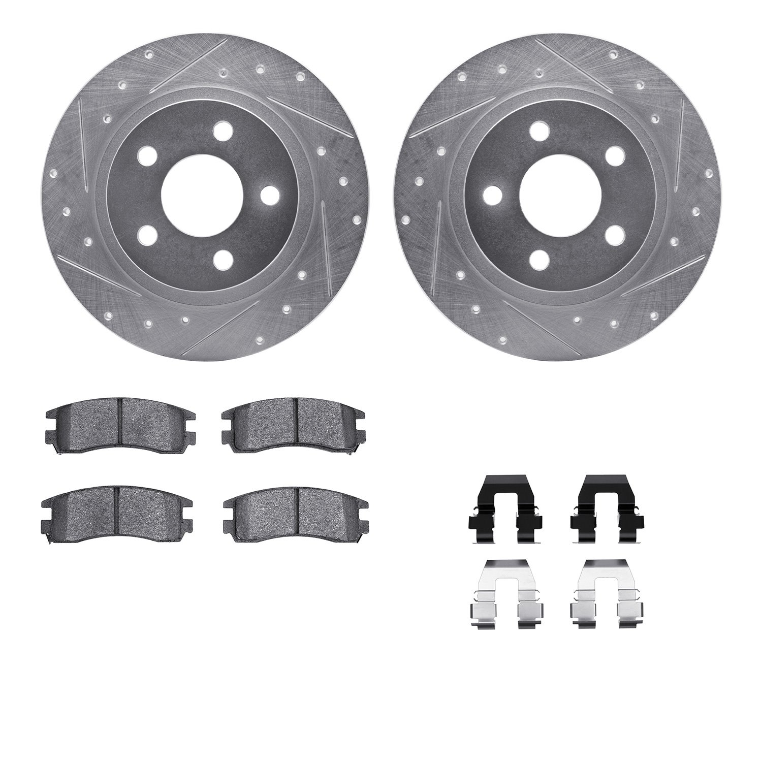 7512-45001 Drilled/Slotted Brake Rotors w/5000 Advanced Brake Pads Kit & Hardware [Silver], 2000-2005 GM, Position: Rear