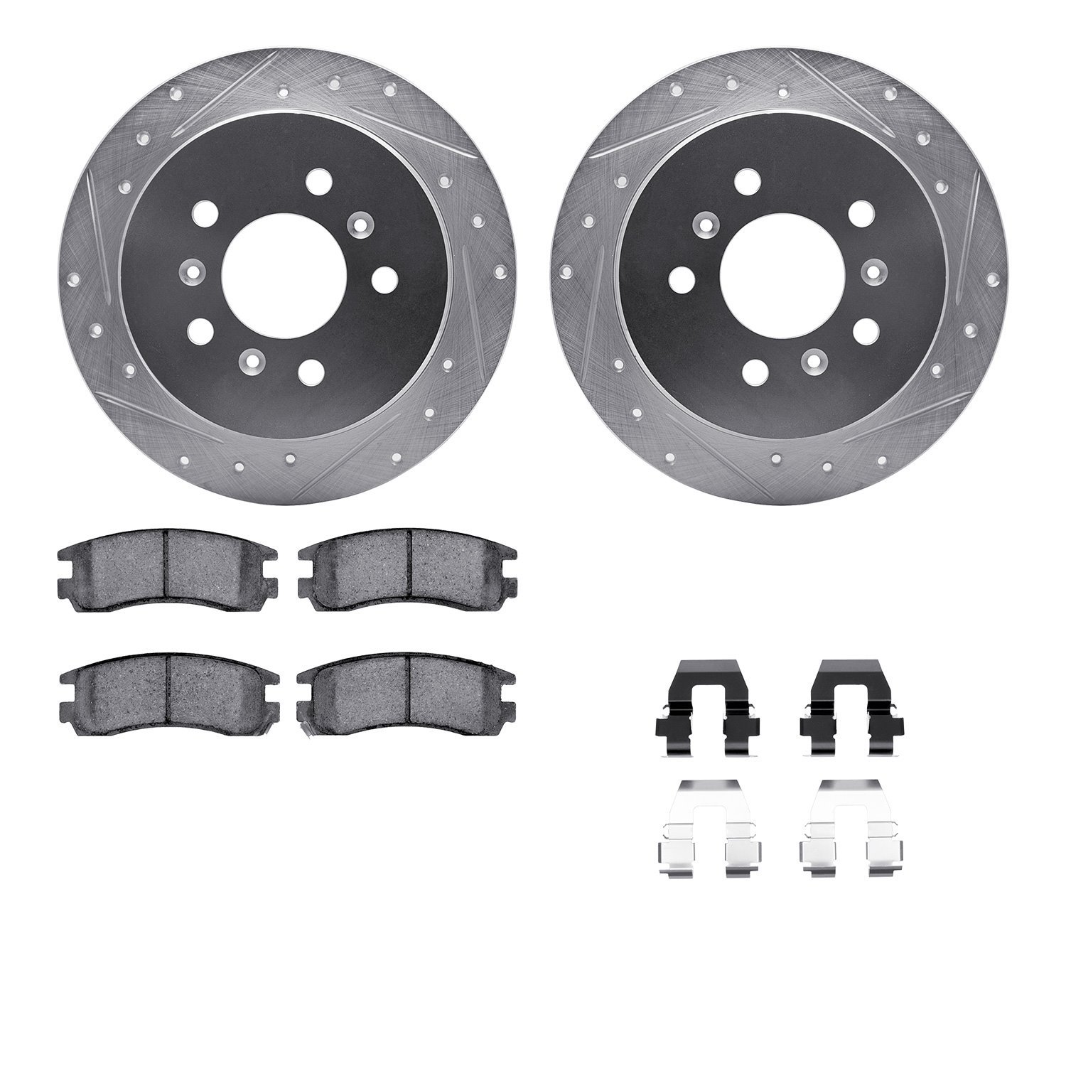 7512-45002 Drilled/Slotted Brake Rotors w/5000 Advanced Brake Pads Kit & Hardware [Silver], 2006-2010 GM, Position: Rear