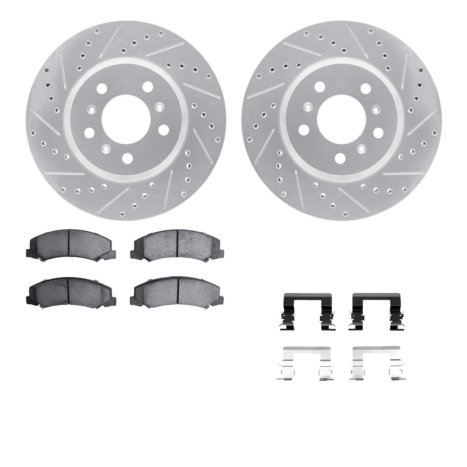7512-45003 Drilled/Slotted Brake Rotors w/5000 Advanced Brake Pads Kit & Hardware [Silver], 2006-2016 GM, Position: Front