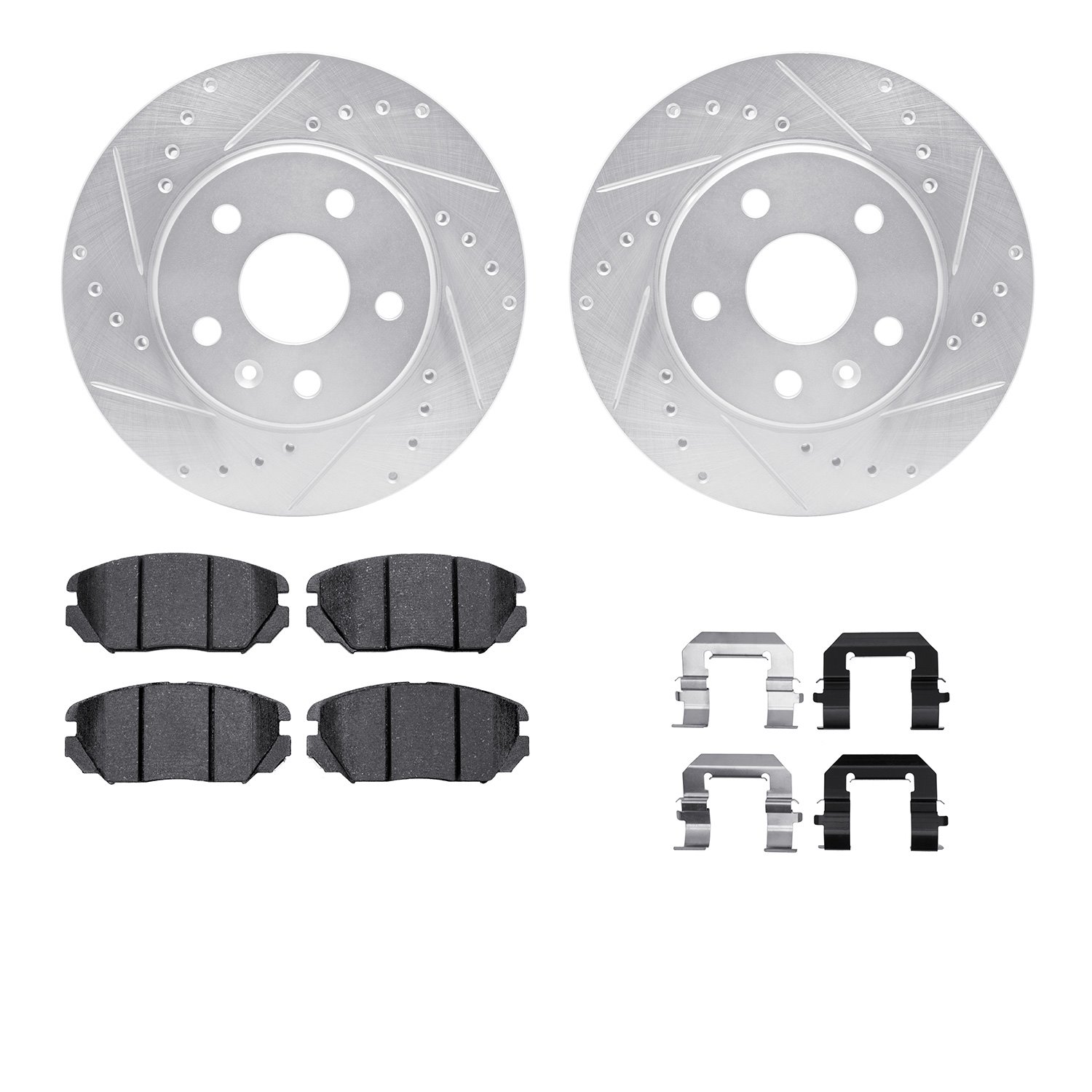 7512-45007 Drilled/Slotted Brake Rotors w/5000 Advanced Brake Pads Kit & Hardware [Silver], 2011-2011 GM, Position: Front
