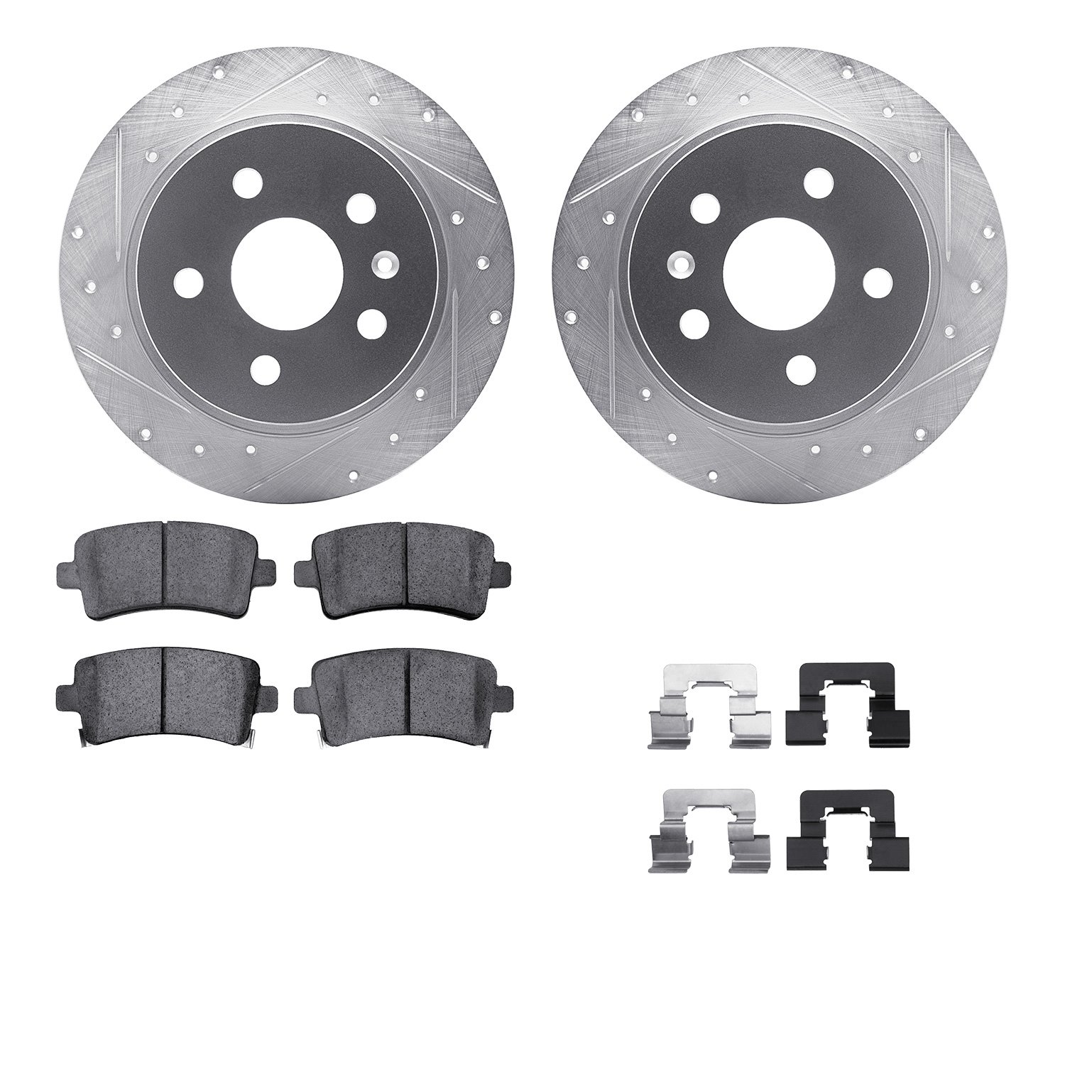 7512-45009 Drilled/Slotted Brake Rotors w/5000 Advanced Brake Pads Kit & Hardware [Silver], 2011-2016 GM, Position: Rear
