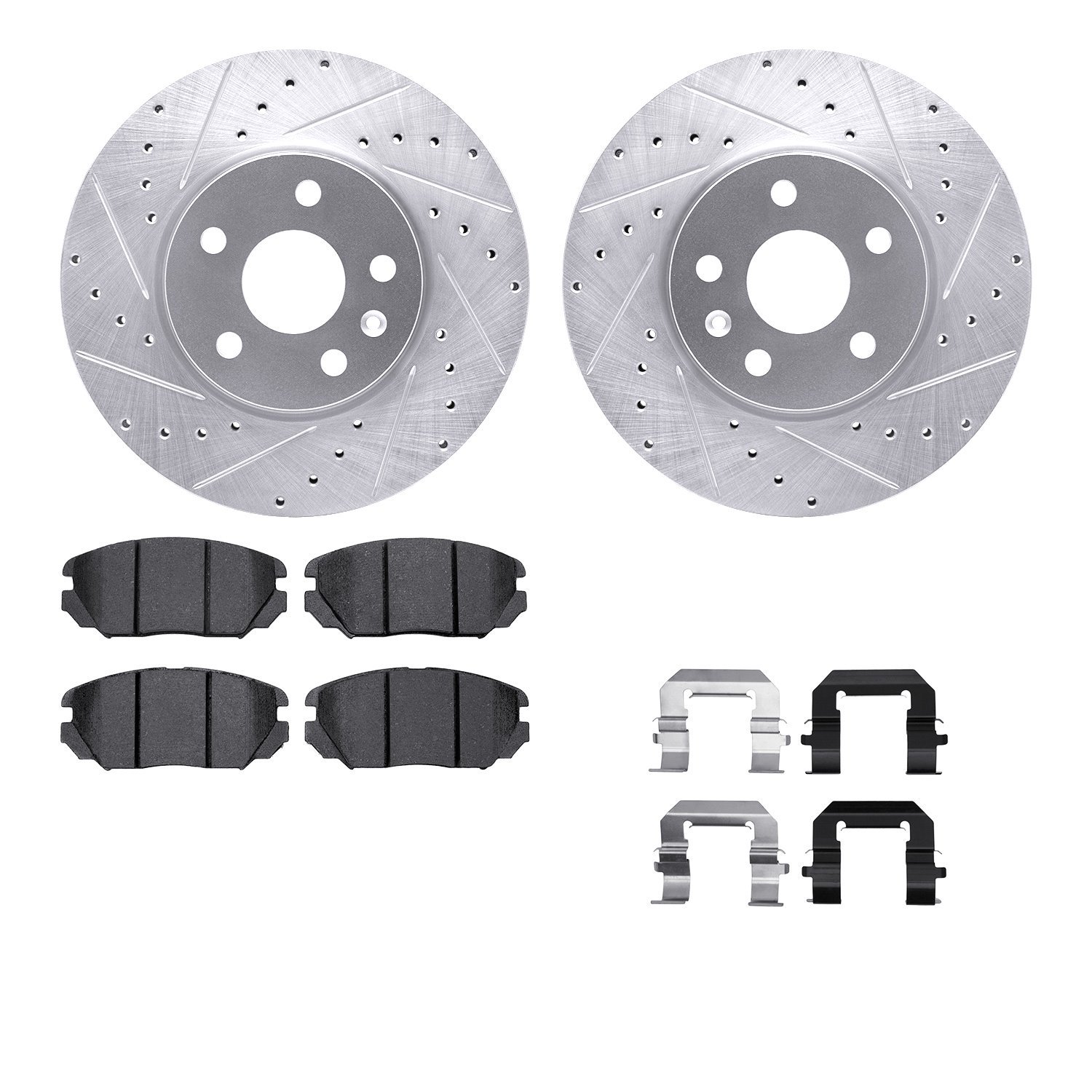 7512-45010 Drilled/Slotted Brake Rotors w/5000 Advanced Brake Pads Kit & Hardware [Silver], 2011-2020 GM, Position: Front