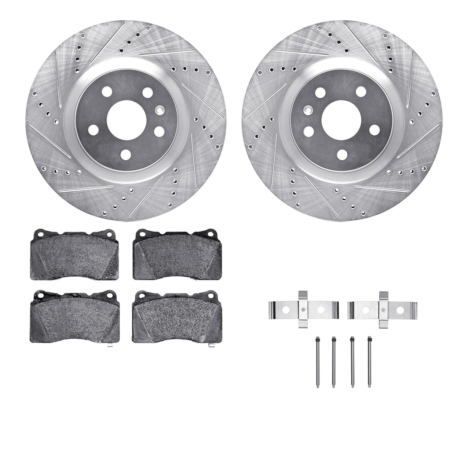 7512-45013 Drilled/Slotted Brake Rotors w/5000 Advanced Brake Pads Kit & Hardware [Silver], 2009-2009 GM, Position: Front