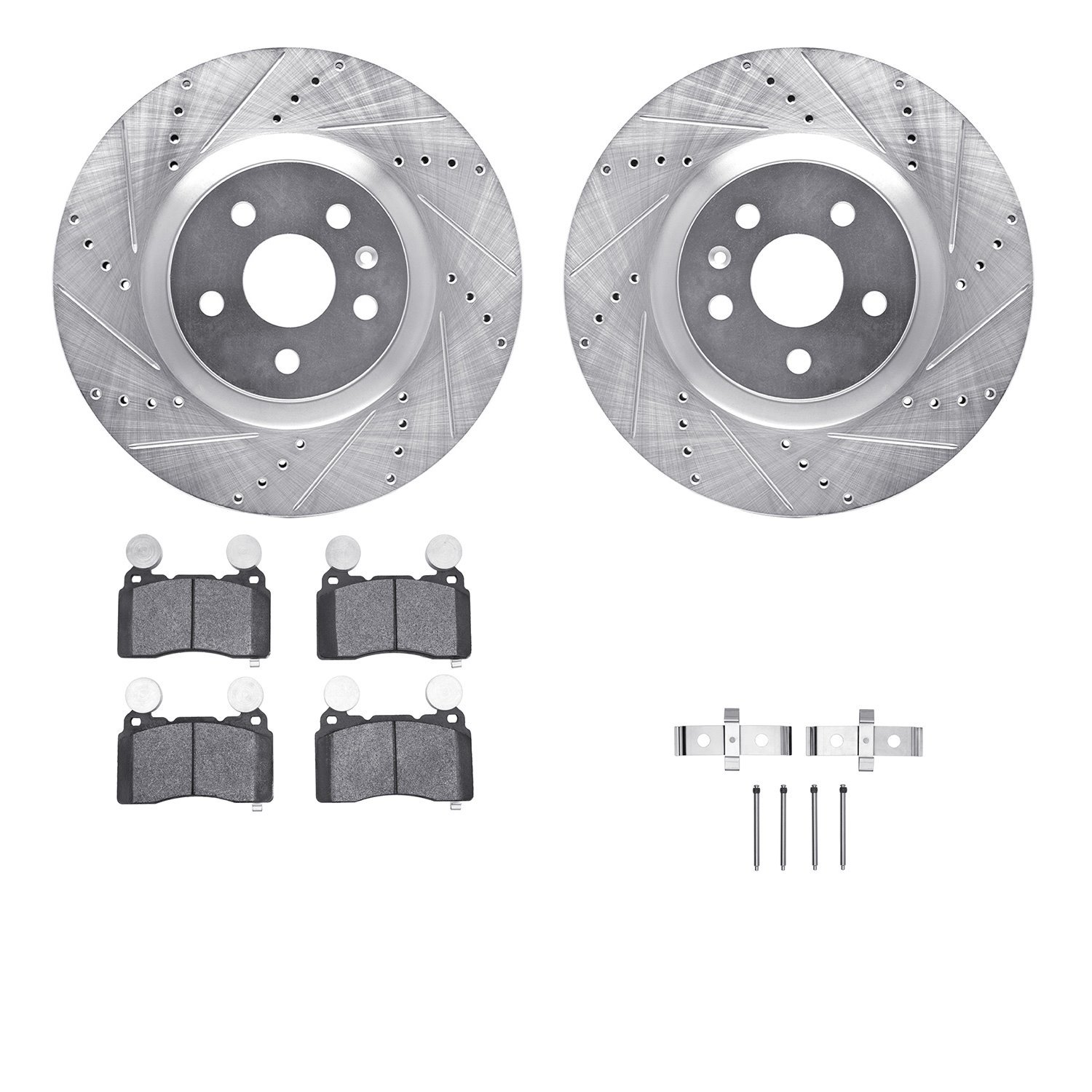 7512-45014 Drilled/Slotted Brake Rotors w/5000 Advanced Brake Pads Kit & Hardware [Silver], 2010-2015 GM, Position: Front