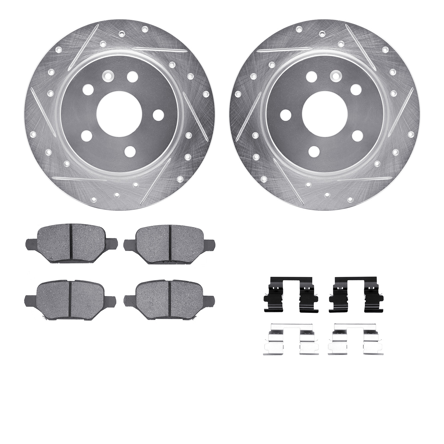 7512-45016 Drilled/Slotted Brake Rotors w/5000 Advanced Brake Pads Kit & Hardware [Silver], Fits Select GM, Position: Rear