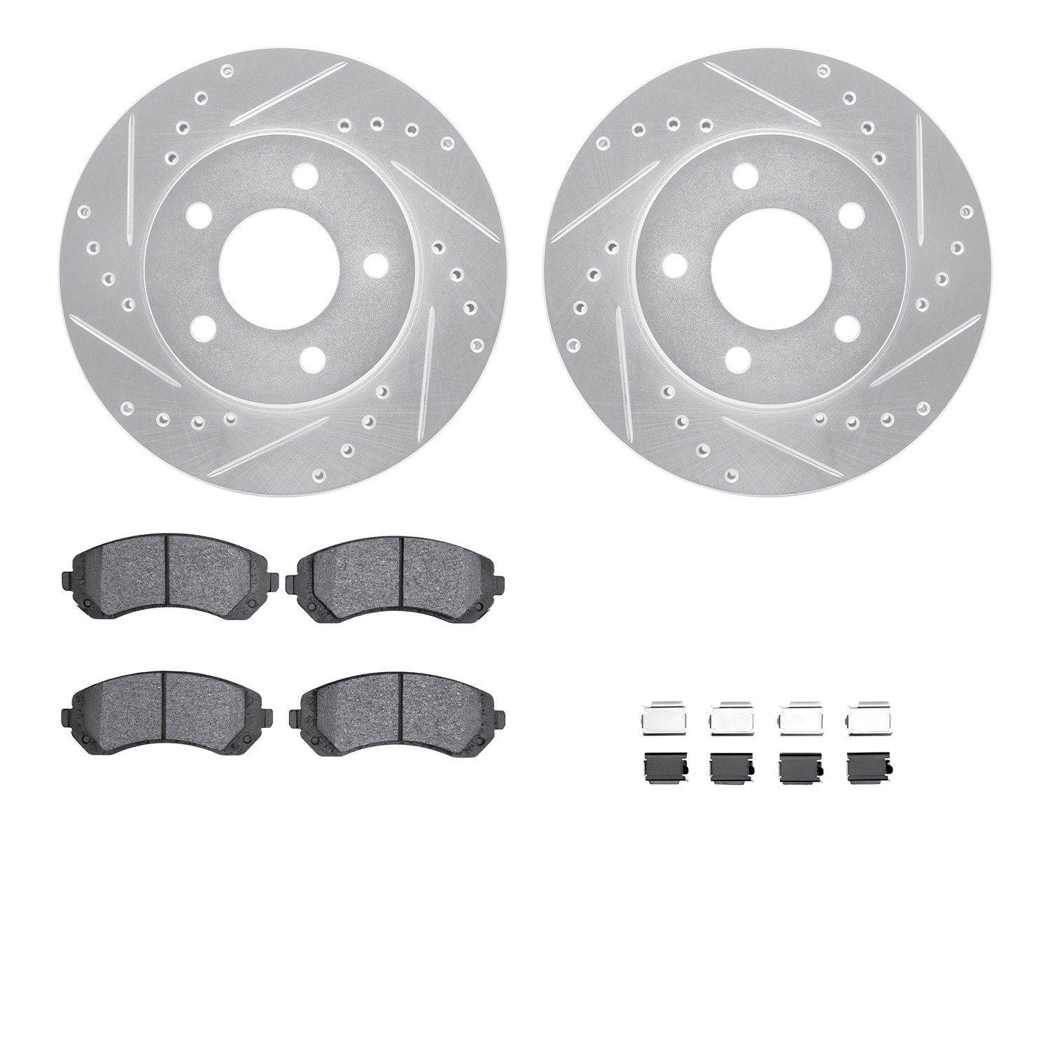 7512-45018 Drilled/Slotted Brake Rotors w/5000 Advanced Brake Pads Kit & Hardware [Silver], 2001-2007 GM, Position: Front