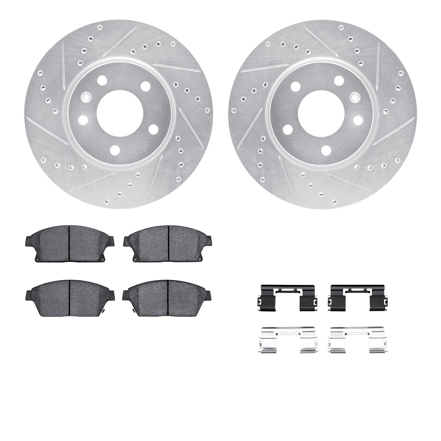 7512-45021 Drilled/Slotted Brake Rotors w/5000 Advanced Brake Pads Kit & Hardware [Silver], 2011-2017 GM, Position: Front