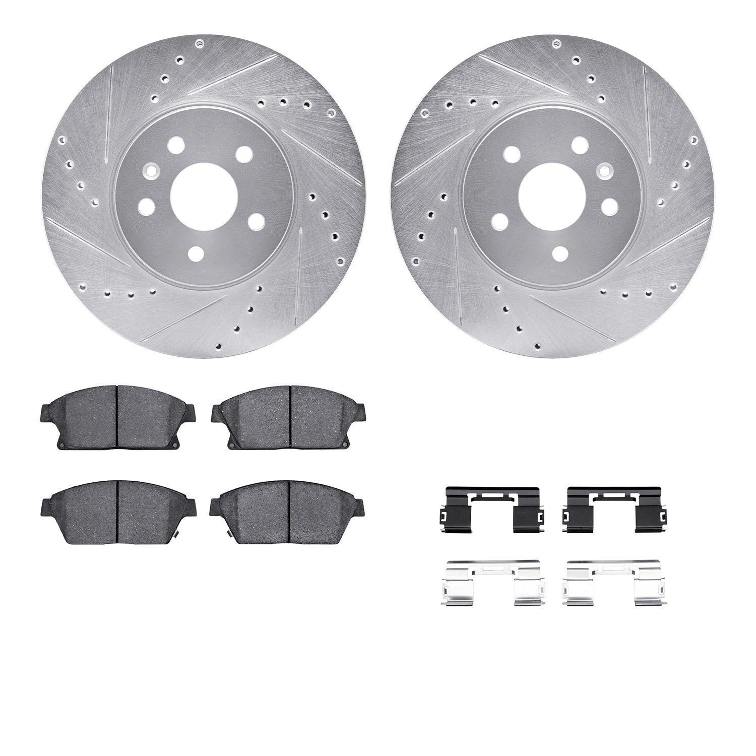7512-45027 Drilled/Slotted Brake Rotors w/5000 Advanced Brake Pads Kit & Hardware [Silver], 2013-2017 GM, Position: Front