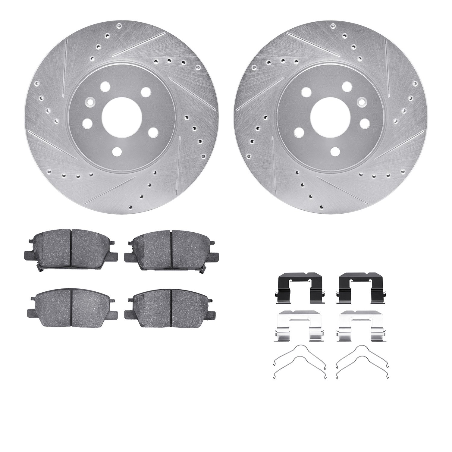 7512-45032 Drilled/Slotted Brake Rotors w/5000 Advanced Brake Pads Kit & Hardware [Silver], Fits Select GM, Position: Front
