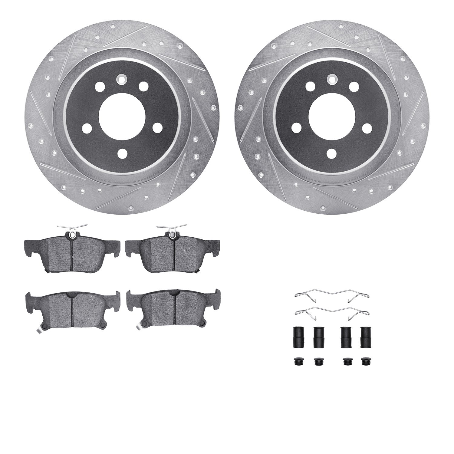 7512-45034 Drilled/Slotted Brake Rotors w/5000 Advanced Brake Pads Kit & Hardware [Silver], 2016-2018 GM, Position: Rear