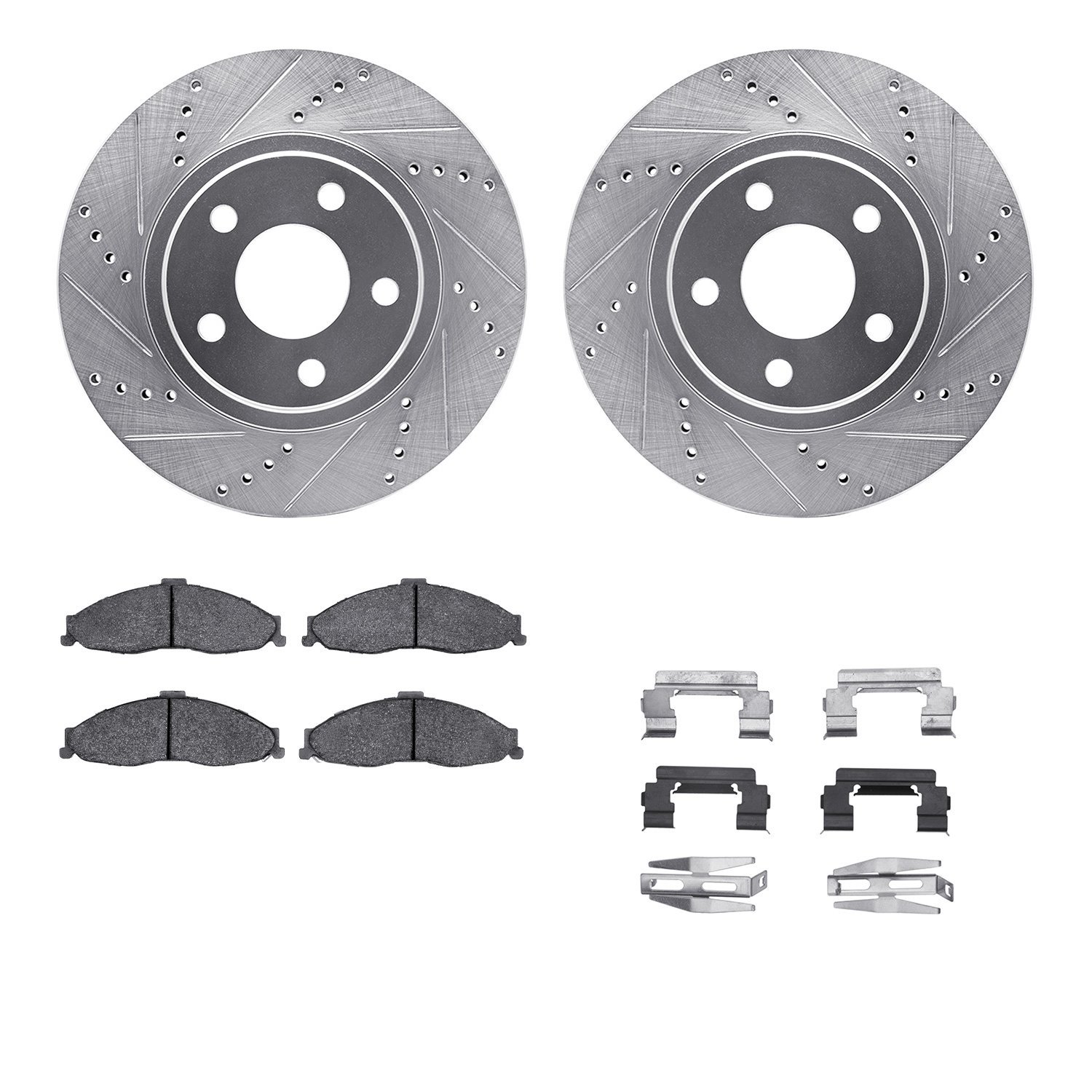 7512-45036 Drilled/Slotted Brake Rotors w/5000 Advanced Brake Pads Kit & Hardware [Silver], 1998-2002 GM, Position: Front