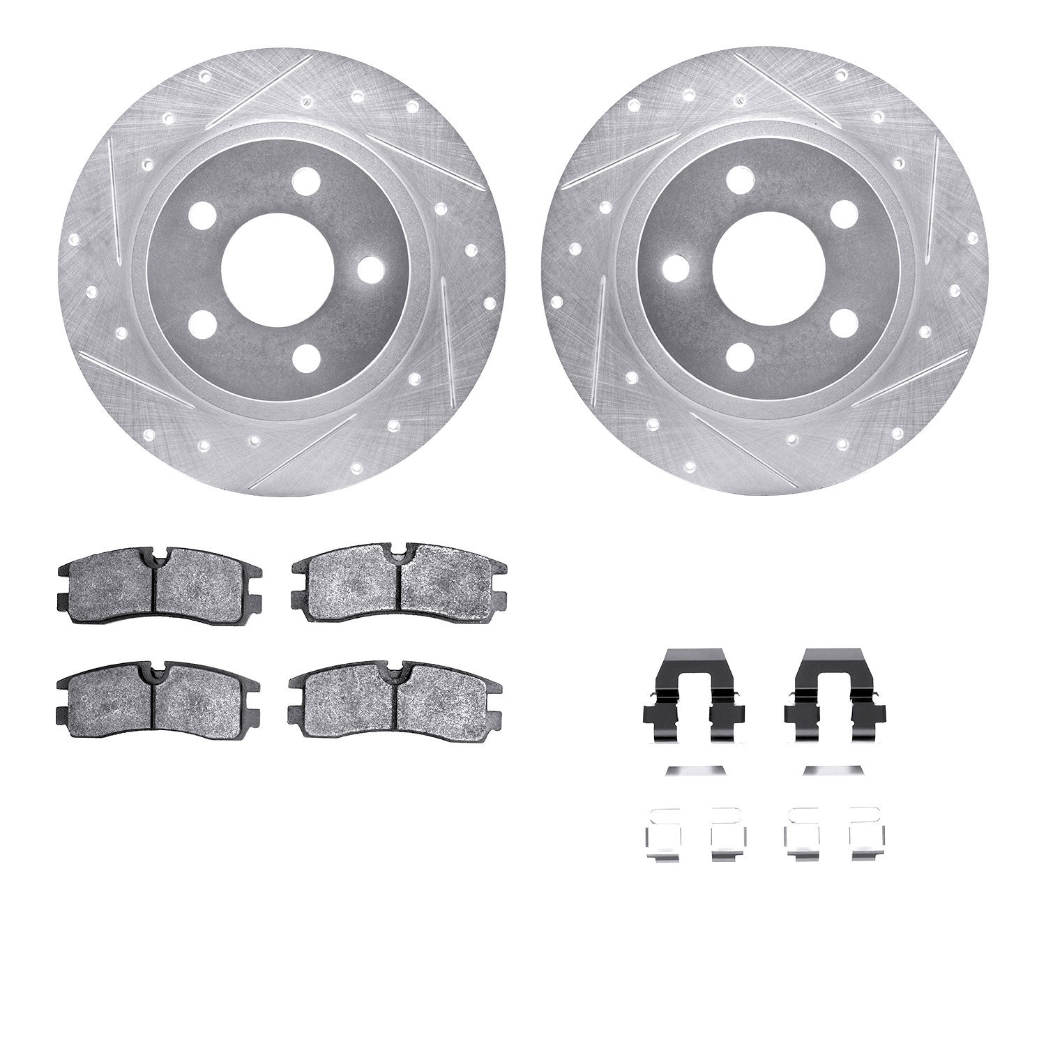 7512-45040 Drilled/Slotted Brake Rotors w/5000 Advanced Brake Pads Kit & Hardware [Silver], 1998-2003 GM, Position: Rear