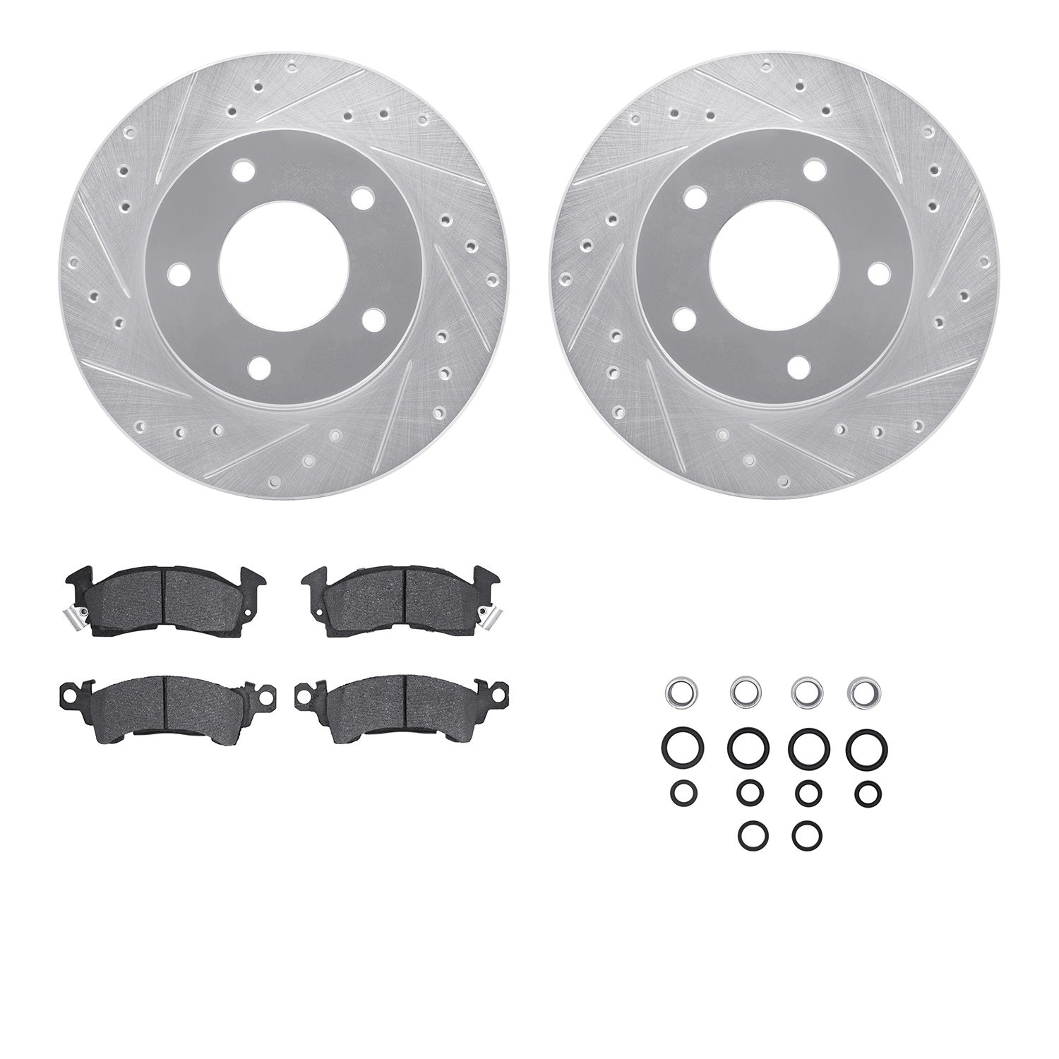 7512-45044 Drilled/Slotted Brake Rotors w/5000 Advanced Brake Pads Kit & Hardware [Silver], 1977-1978 GM, Position: Rear