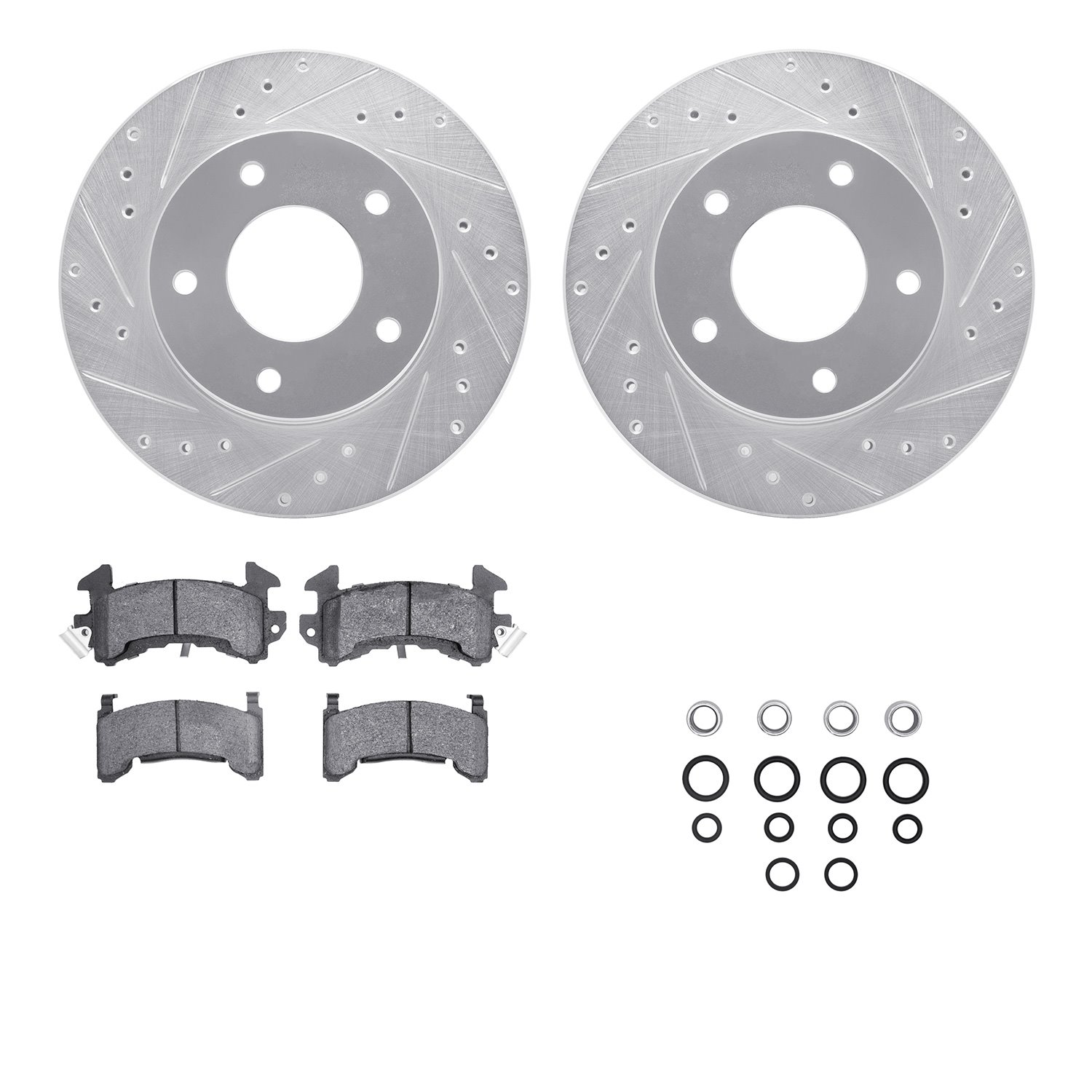 7512-45045 Drilled/Slotted Brake Rotors w/5000 Advanced Brake Pads Kit & Hardware [Silver], 1979-1980 GM, Position: Rear