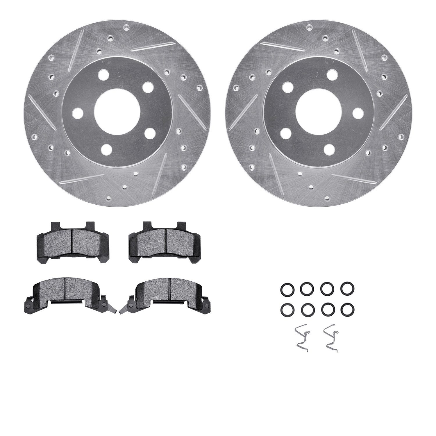 7512-45050 Drilled/Slotted Brake Rotors w/5000 Advanced Brake Pads Kit & Hardware [Silver], 1980-1989 GM, Position: Front