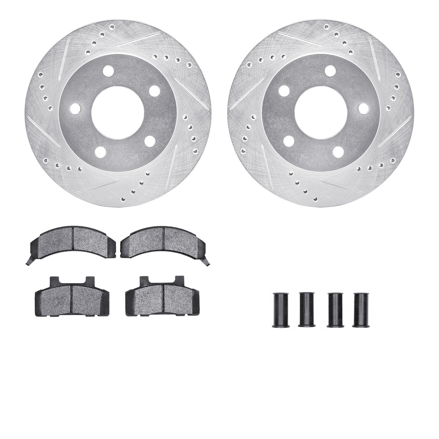 7512-45054 Drilled/Slotted Brake Rotors w/5000 Advanced Brake Pads Kit & Hardware [Silver], 1990-1996 GM, Position: Front