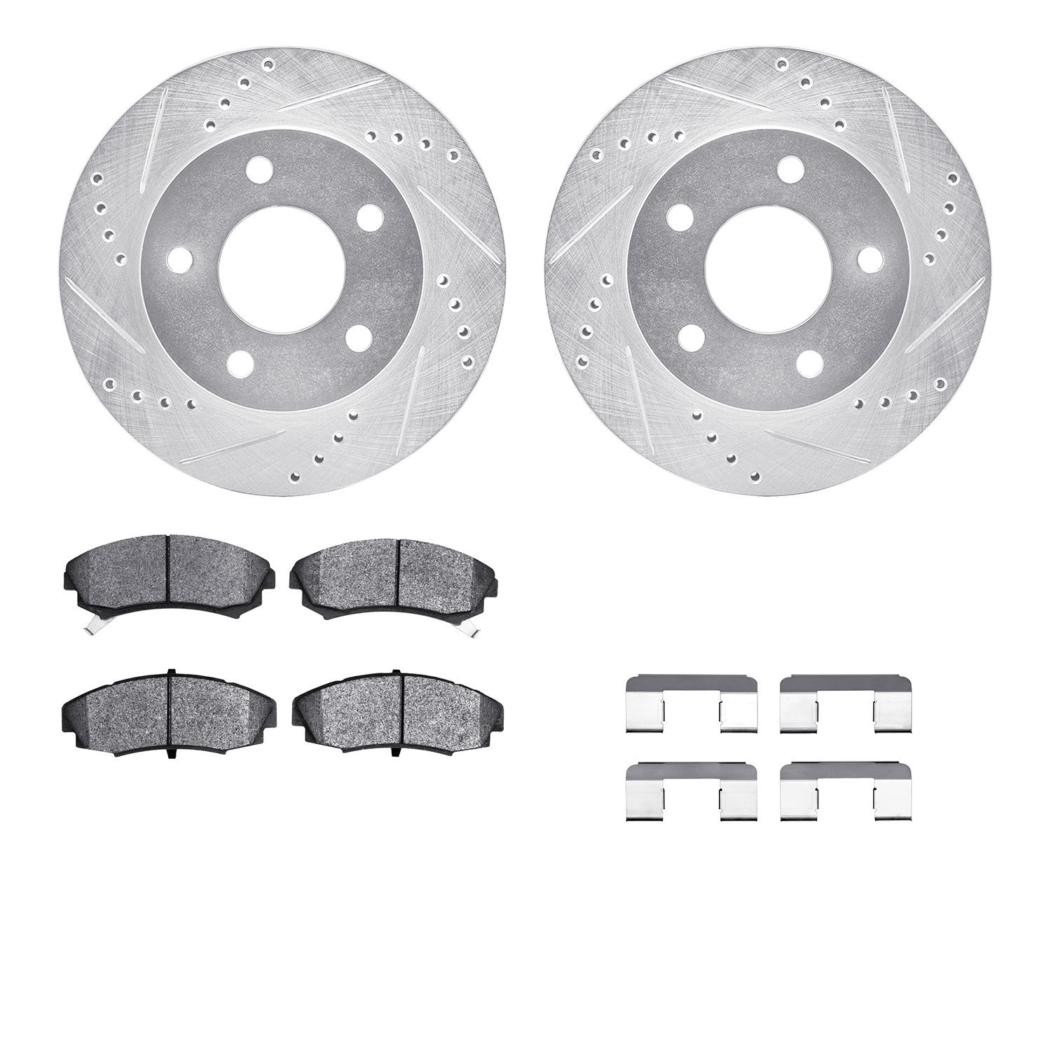 7512-45055 Drilled/Slotted Brake Rotors w/5000 Advanced Brake Pads Kit & Hardware [Silver], 1986-1992 GM, Position: Front
