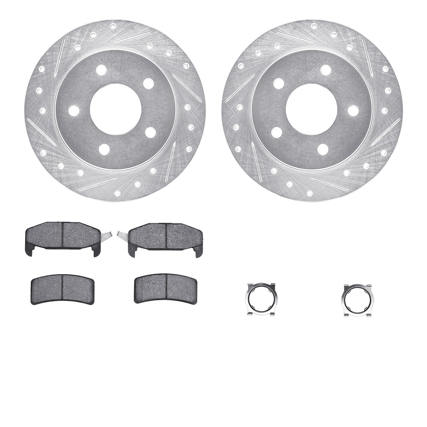 7512-45062 Drilled/Slotted Brake Rotors w/5000 Advanced Brake Pads Kit & Hardware [Silver], 1988-1994 GM, Position: Rear