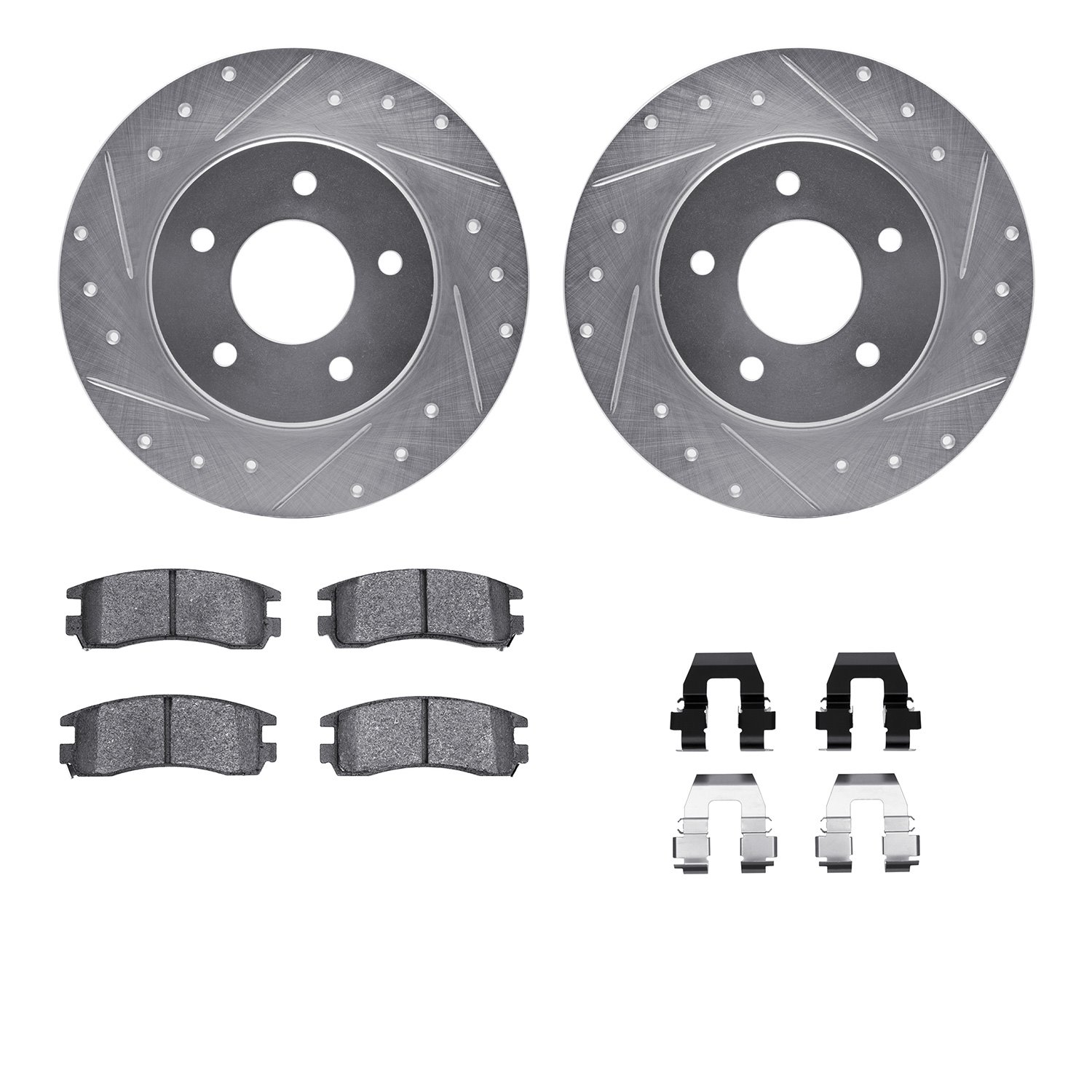 7512-45065 Drilled/Slotted Brake Rotors w/5000 Advanced Brake Pads Kit & Hardware [Silver], 1994-1999 GM, Position: Rear