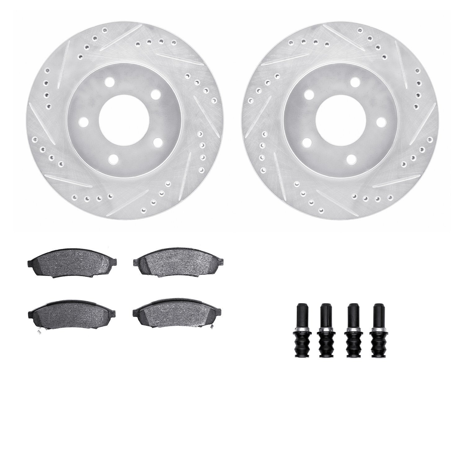 7512-45071 Drilled/Slotted Brake Rotors w/5000 Advanced Brake Pads Kit & Hardware [Silver], 1994-2001 GM, Position: Front