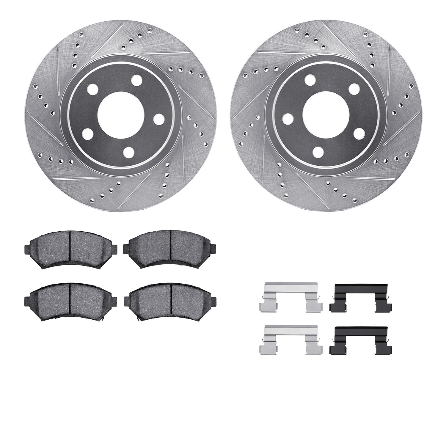 7512-45074 Drilled/Slotted Brake Rotors w/5000 Advanced Brake Pads Kit & Hardware [Silver], 1997-2005 GM, Position: Front