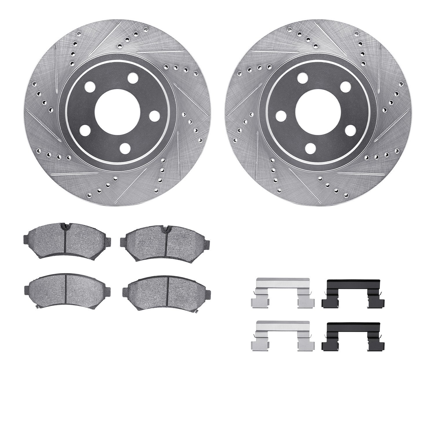 7512-45075 Drilled/Slotted Brake Rotors w/5000 Advanced Brake Pads Kit & Hardware [Silver], 1998-2002 GM, Position: Front