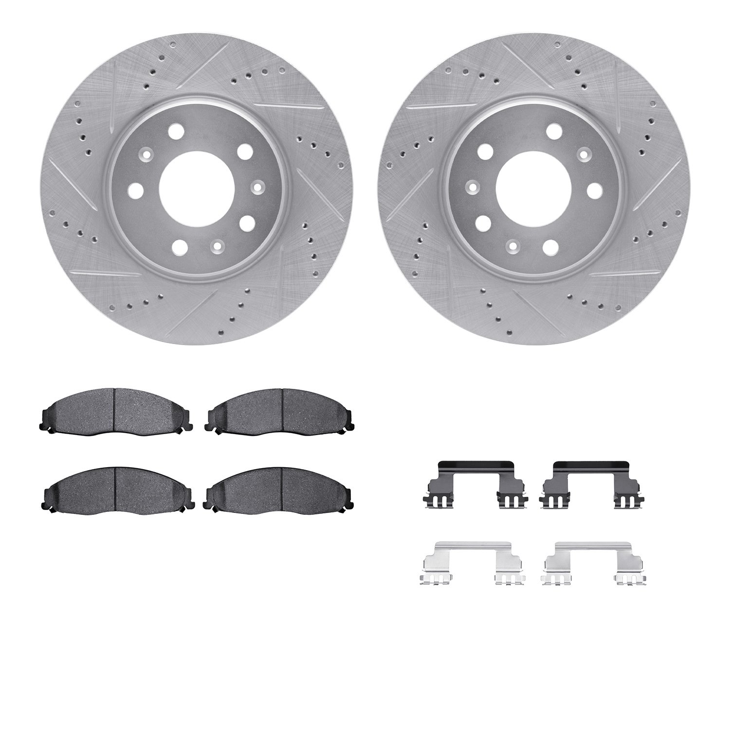 7512-46006 Drilled/Slotted Brake Rotors w/5000 Advanced Brake Pads Kit & Hardware [Silver], 2005-2008 GM, Position: Front