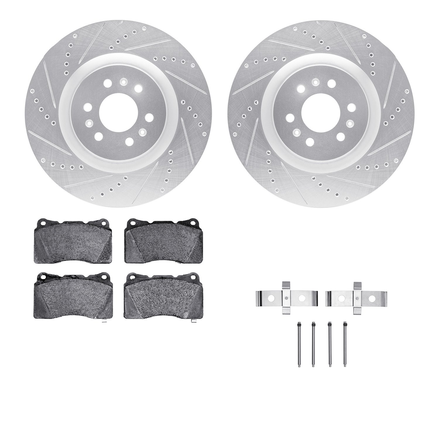 7512-46008 Drilled/Slotted Brake Rotors w/5000 Advanced Brake Pads Kit & Hardware [Silver], 2004-2011 GM, Position: Front