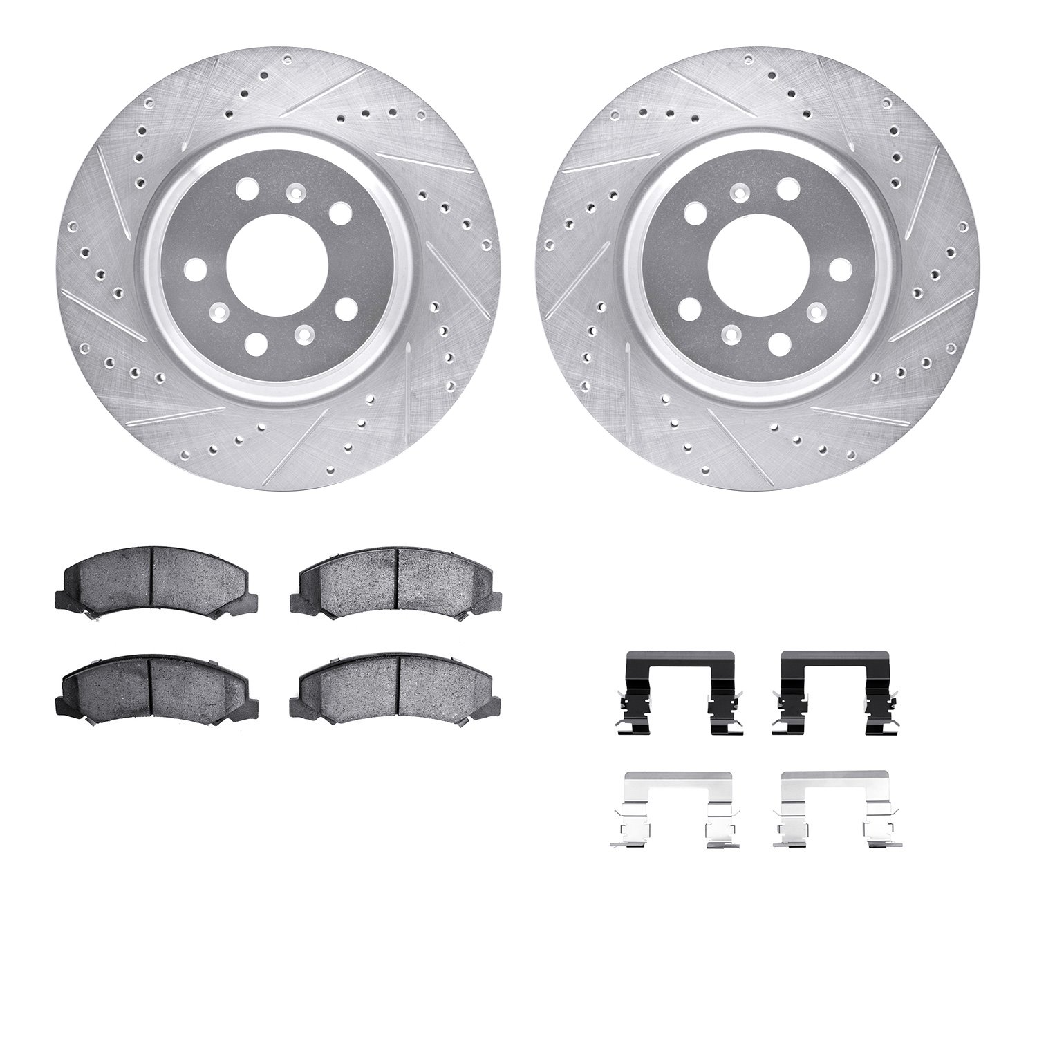 7512-46013 Drilled/Slotted Brake Rotors w/5000 Advanced Brake Pads Kit & Hardware [Silver], 2012-2016 GM, Position: Front