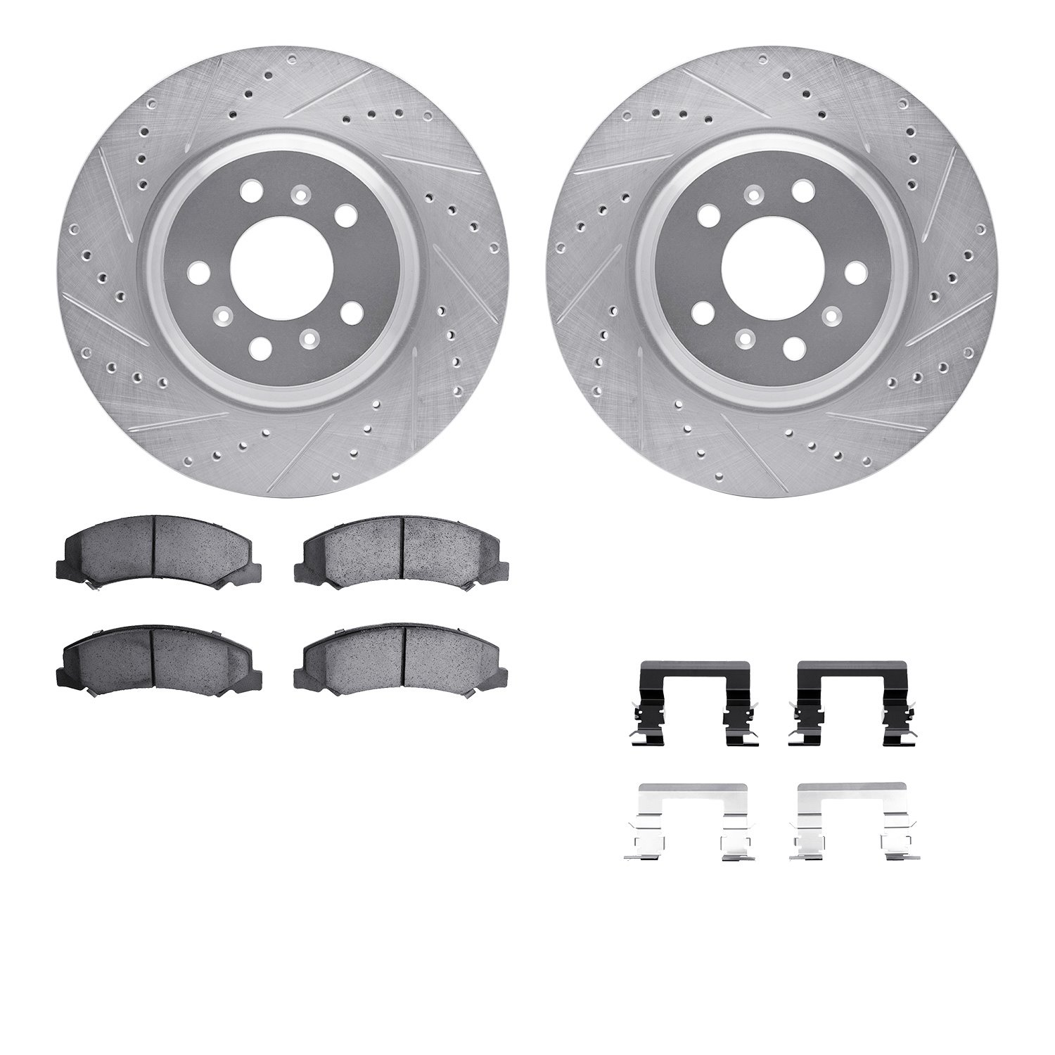 7512-46014 Drilled/Slotted Brake Rotors w/5000 Advanced Brake Pads Kit & Hardware [Silver], 2006-2011 GM, Position: Front