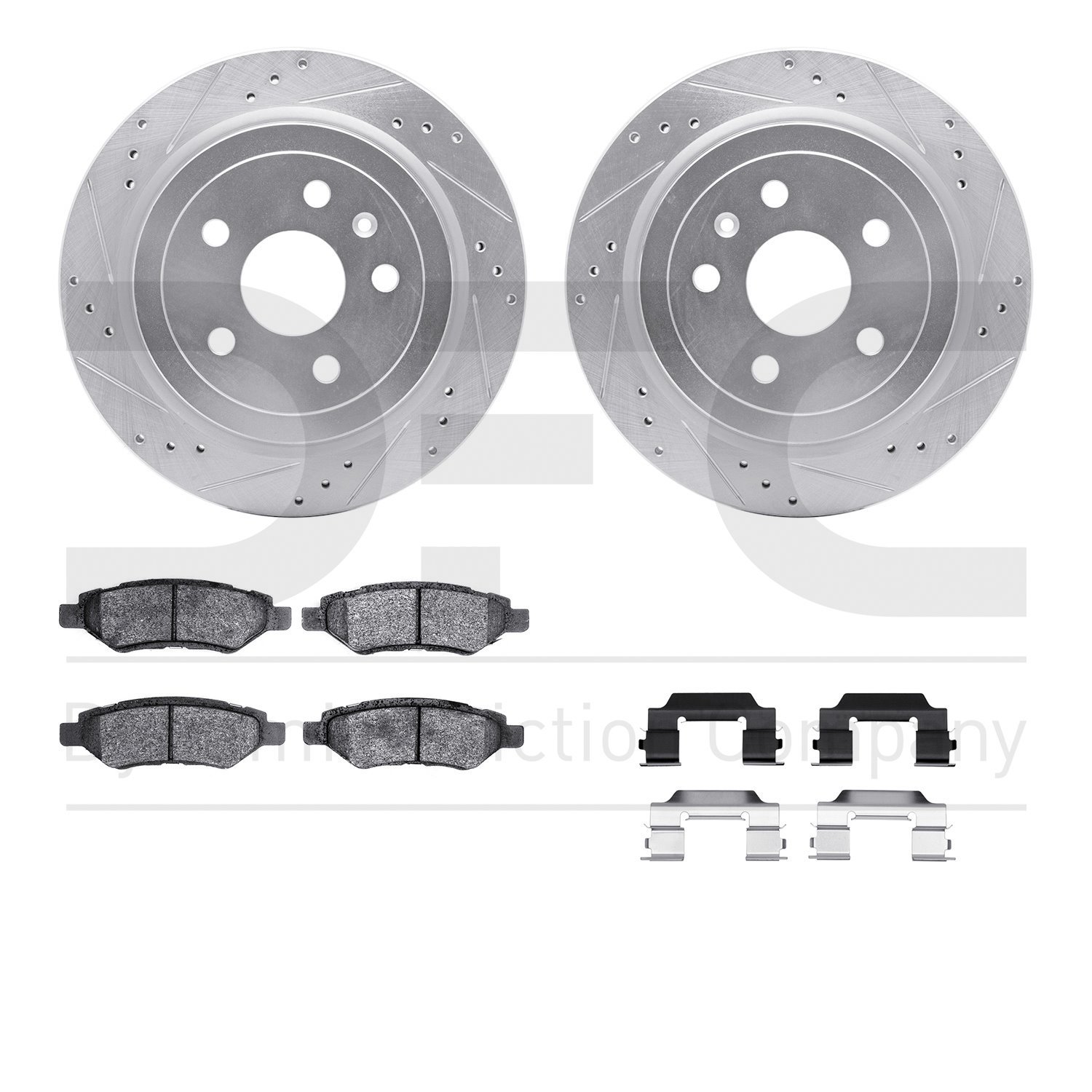7512-46016 Drilled/Slotted Brake Rotors w/5000 Advanced Brake Pads Kit & Hardware [Silver], 2008-2015 GM, Position: Rear