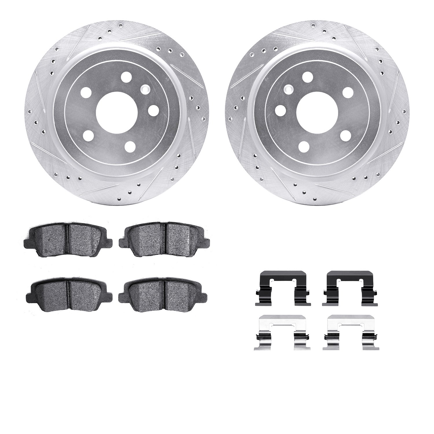 7512-46017 Drilled/Slotted Brake Rotors w/5000 Advanced Brake Pads Kit & Hardware [Silver], 2014-2019 GM, Position: Rear