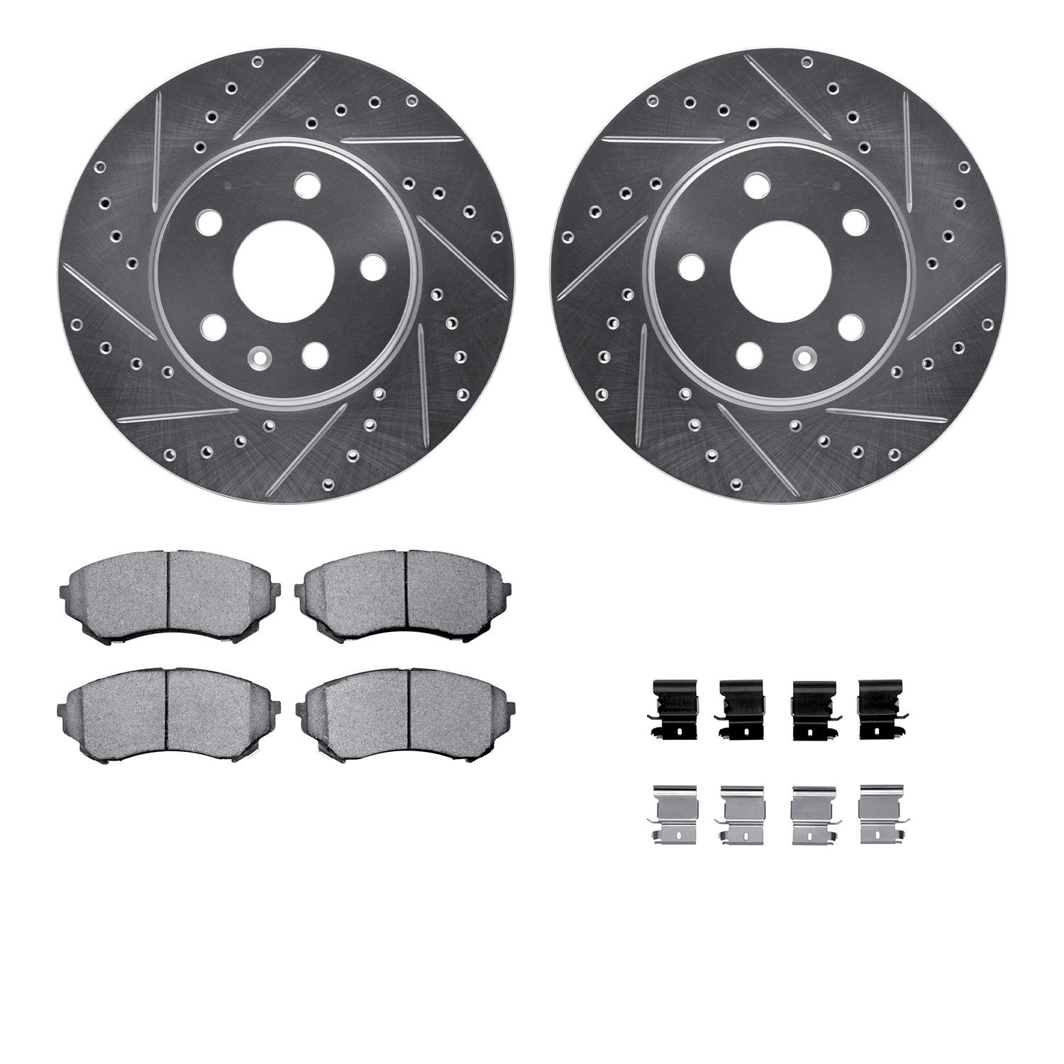 7512-46018 Drilled/Slotted Brake Rotors w/5000 Advanced Brake Pads Kit & Hardware [Silver], 2014-2014 GM, Position: Front