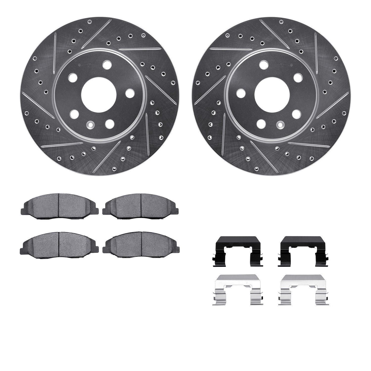 7512-46019 Drilled/Slotted Brake Rotors w/5000 Advanced Brake Pads Kit & Hardware [Silver], 2008-2014 GM, Position: Front