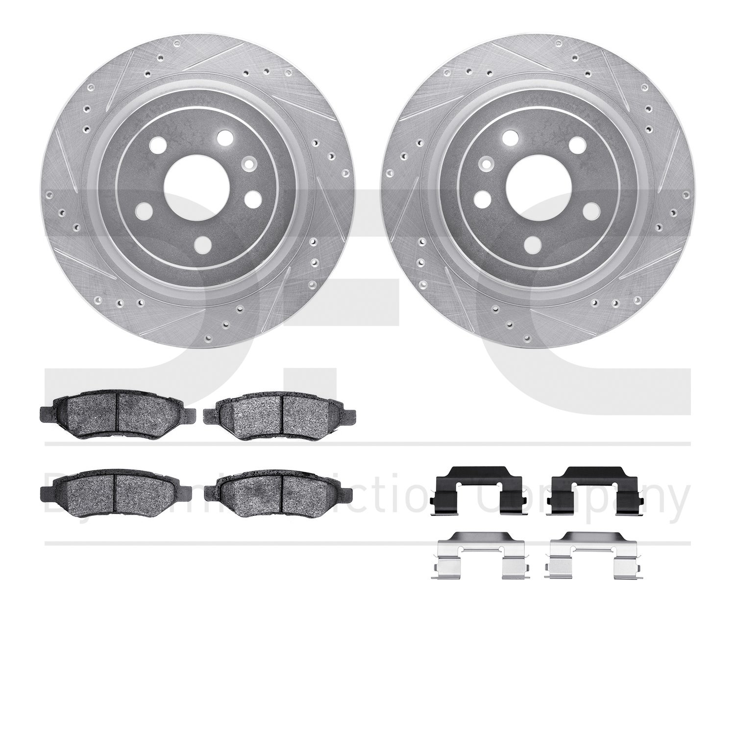 7512-46020 Drilled/Slotted Brake Rotors w/5000 Advanced Brake Pads Kit & Hardware [Silver], 2008-2014 GM, Position: Rear