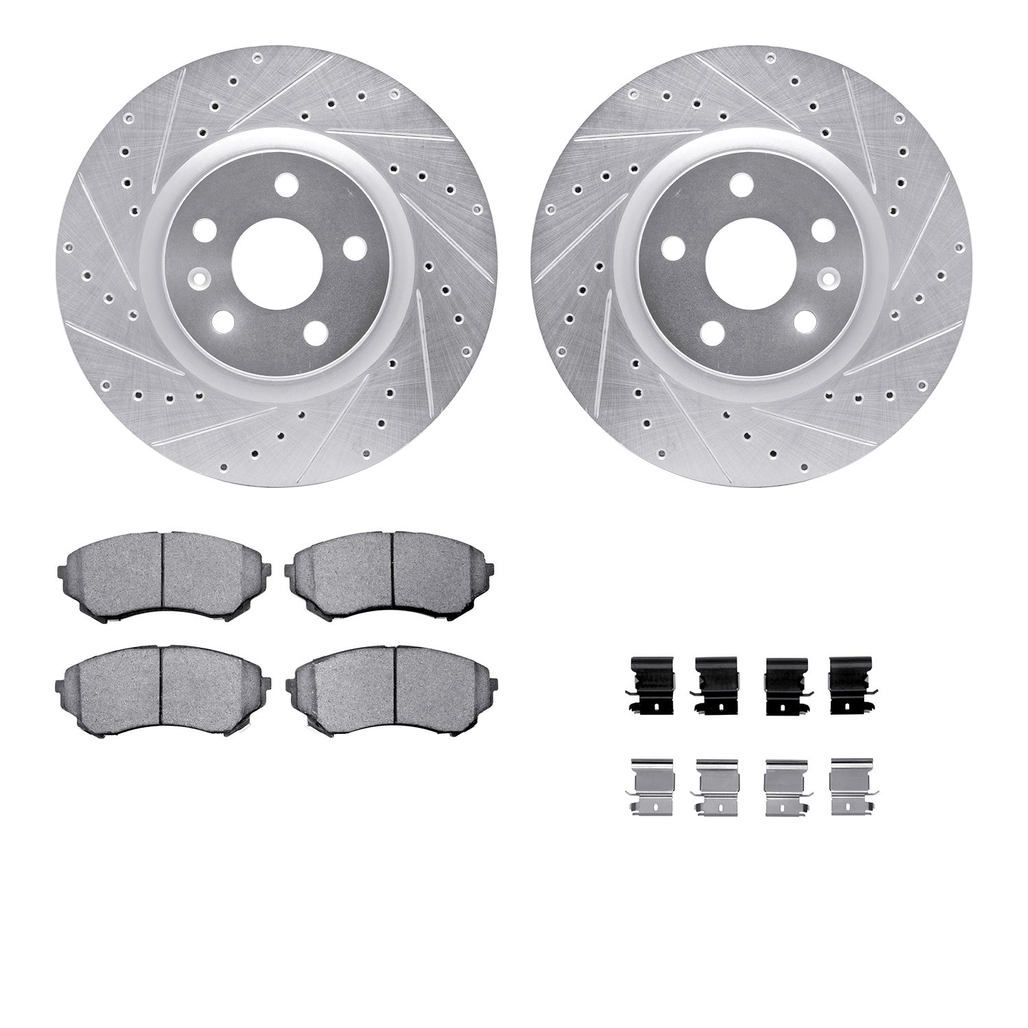 7512-46021 Drilled/Slotted Brake Rotors w/5000 Advanced Brake Pads Kit & Hardware [Silver], 2008-2014 GM, Position: Front