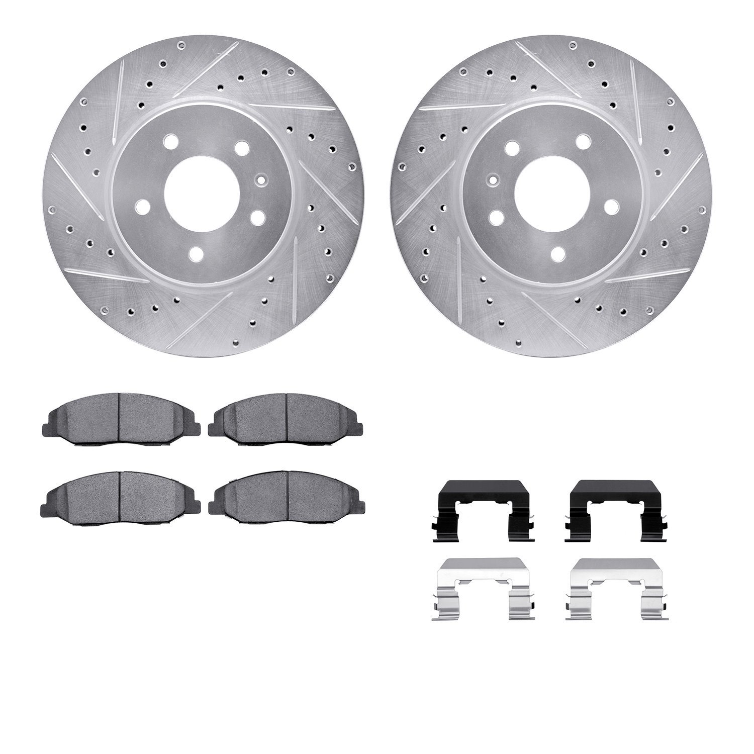 7512-46023 Drilled/Slotted Brake Rotors w/5000 Advanced Brake Pads Kit & Hardware [Silver], 2009-2011 GM, Position: Front