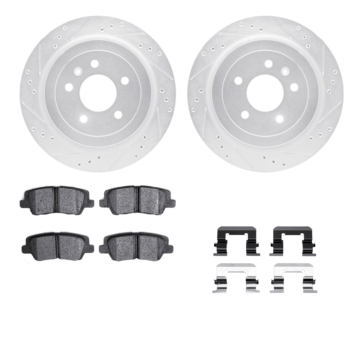 7512-46024 Drilled/Slotted Brake Rotors w/5000 Advanced Brake Pads Kit & Hardware [Silver], 2013-2015 GM, Position: Rear