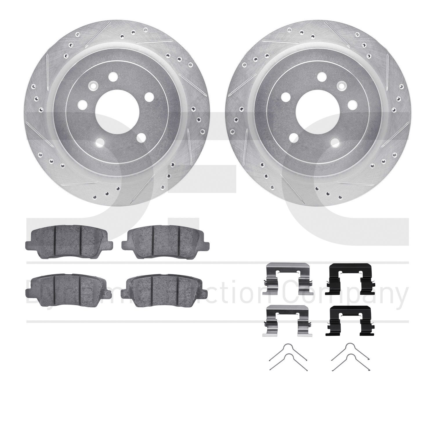 7512-46025 Drilled/Slotted Brake Rotors w/5000 Advanced Brake Pads Kit & Hardware [Silver], 2013-2019 GM, Position: Rear