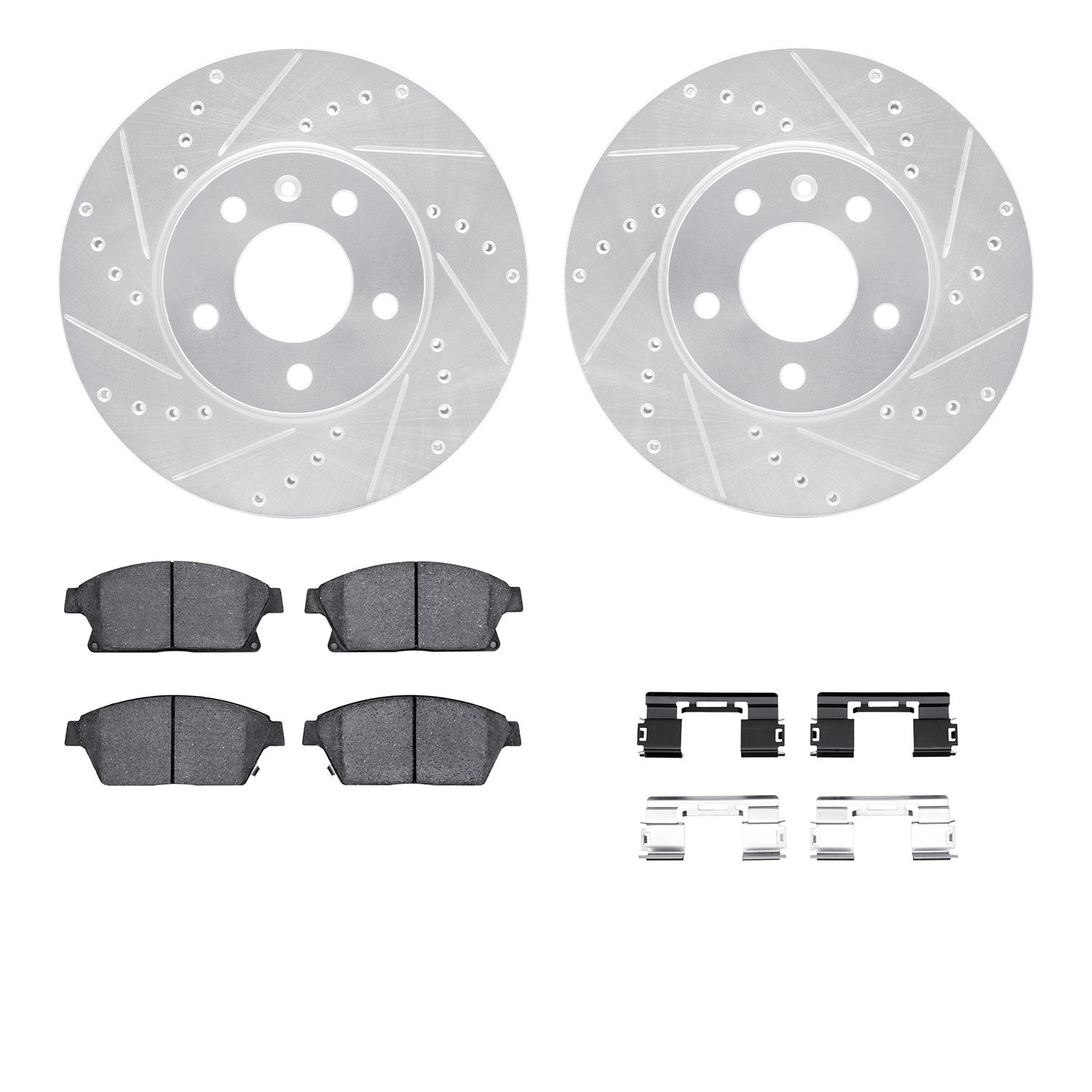 7512-46026 Drilled/Slotted Brake Rotors w/5000 Advanced Brake Pads Kit & Hardware [Silver], 2013-2019 GM, Position: Front