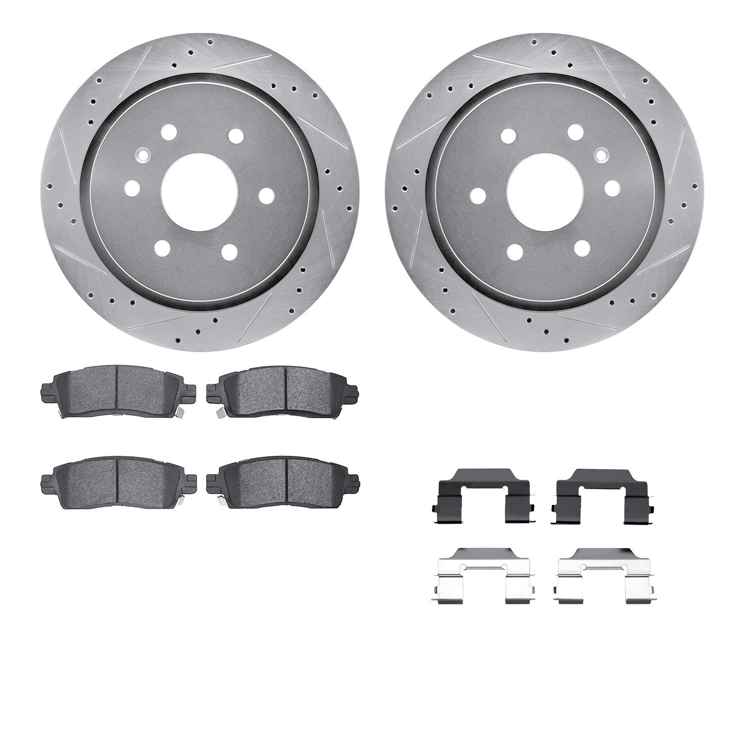 7512-46027 Drilled/Slotted Brake Rotors w/5000 Advanced Brake Pads Kit & Hardware [Silver], 2013-2019 GM, Position: Rear