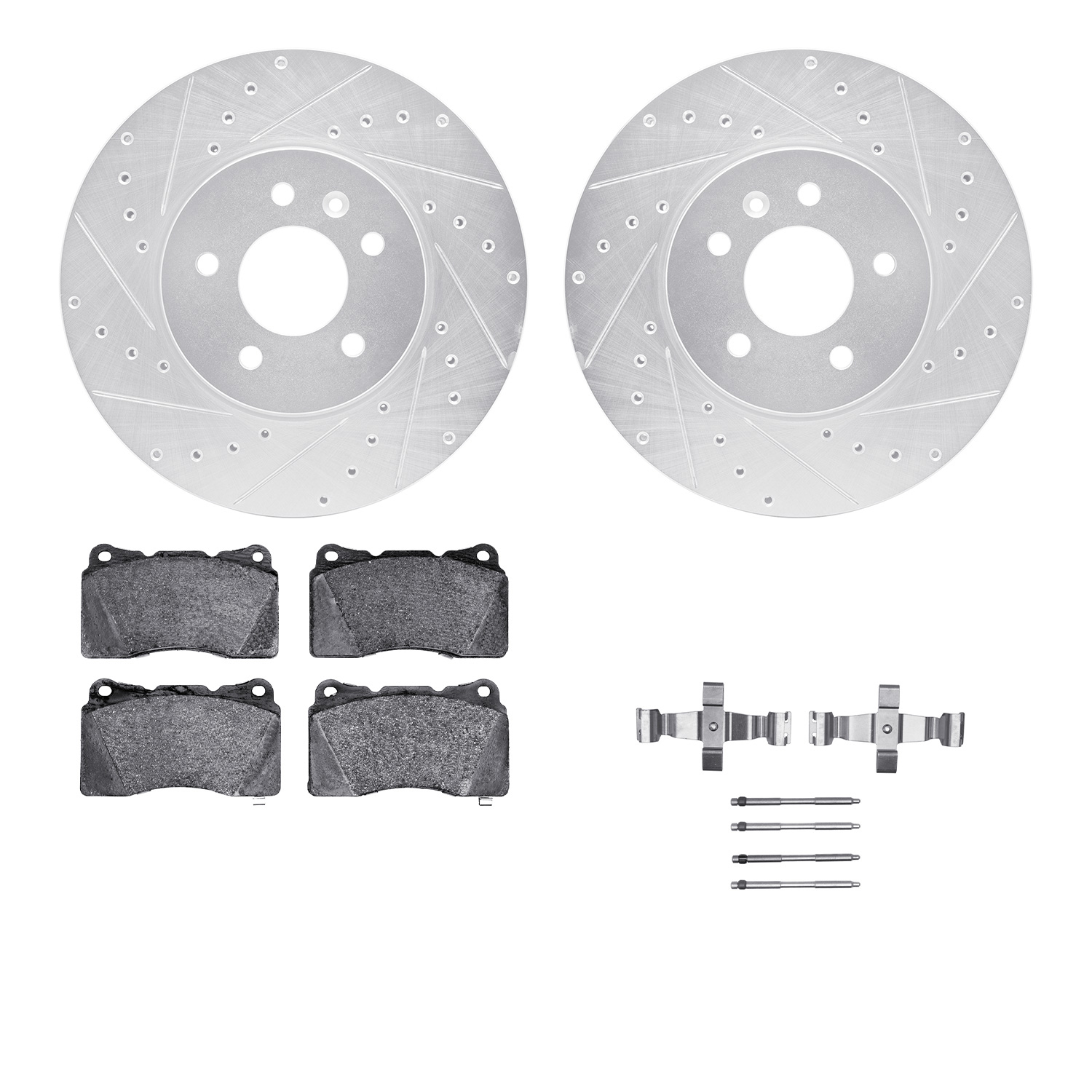 7512-46028 Drilled/Slotted Brake Rotors w/5000 Advanced Brake Pads Kit & Hardware [Silver], 2013-2019 GM, Position: Front