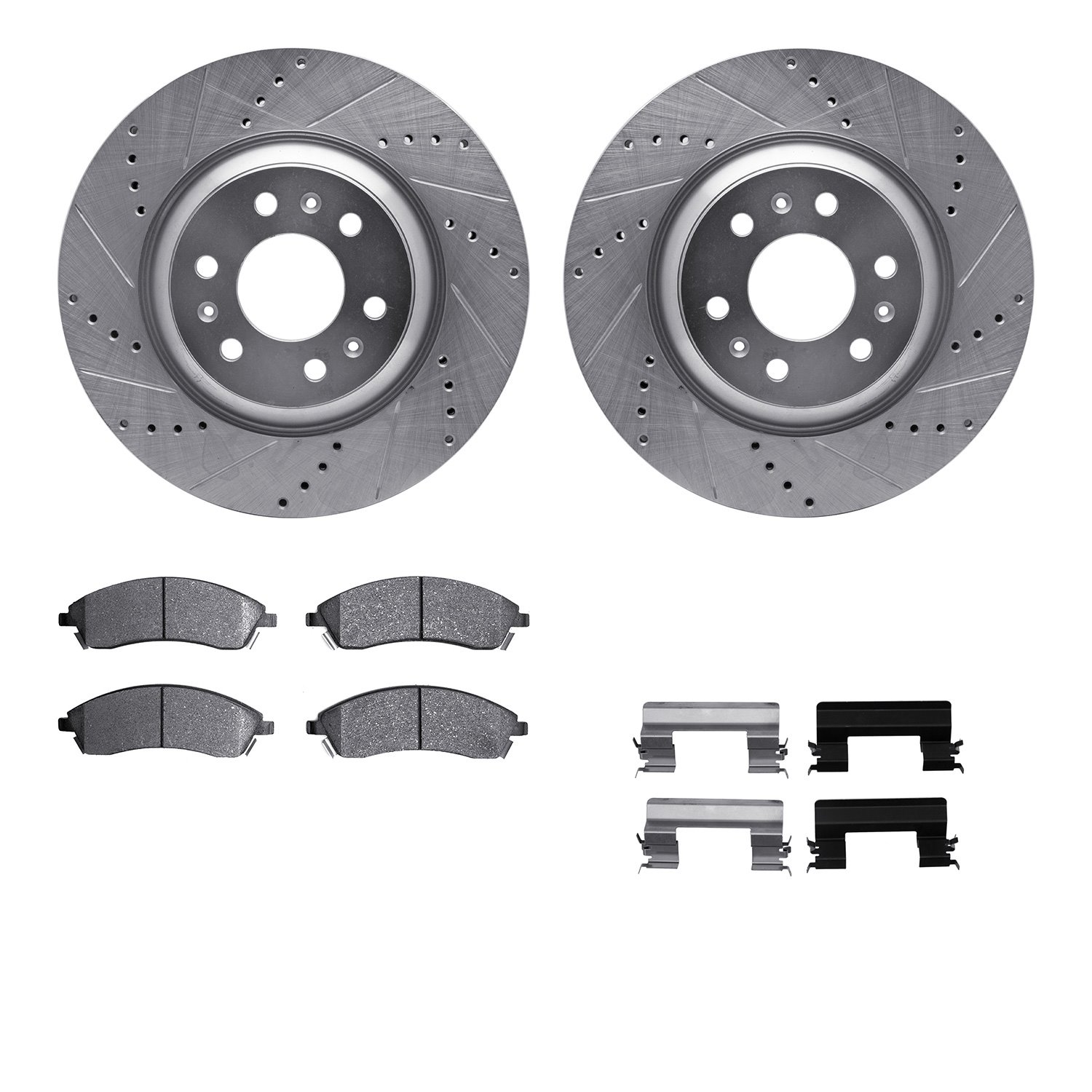 7512-46035 Drilled/Slotted Brake Rotors w/5000 Advanced Brake Pads Kit & Hardware [Silver], 2004-2009 GM, Position: Front