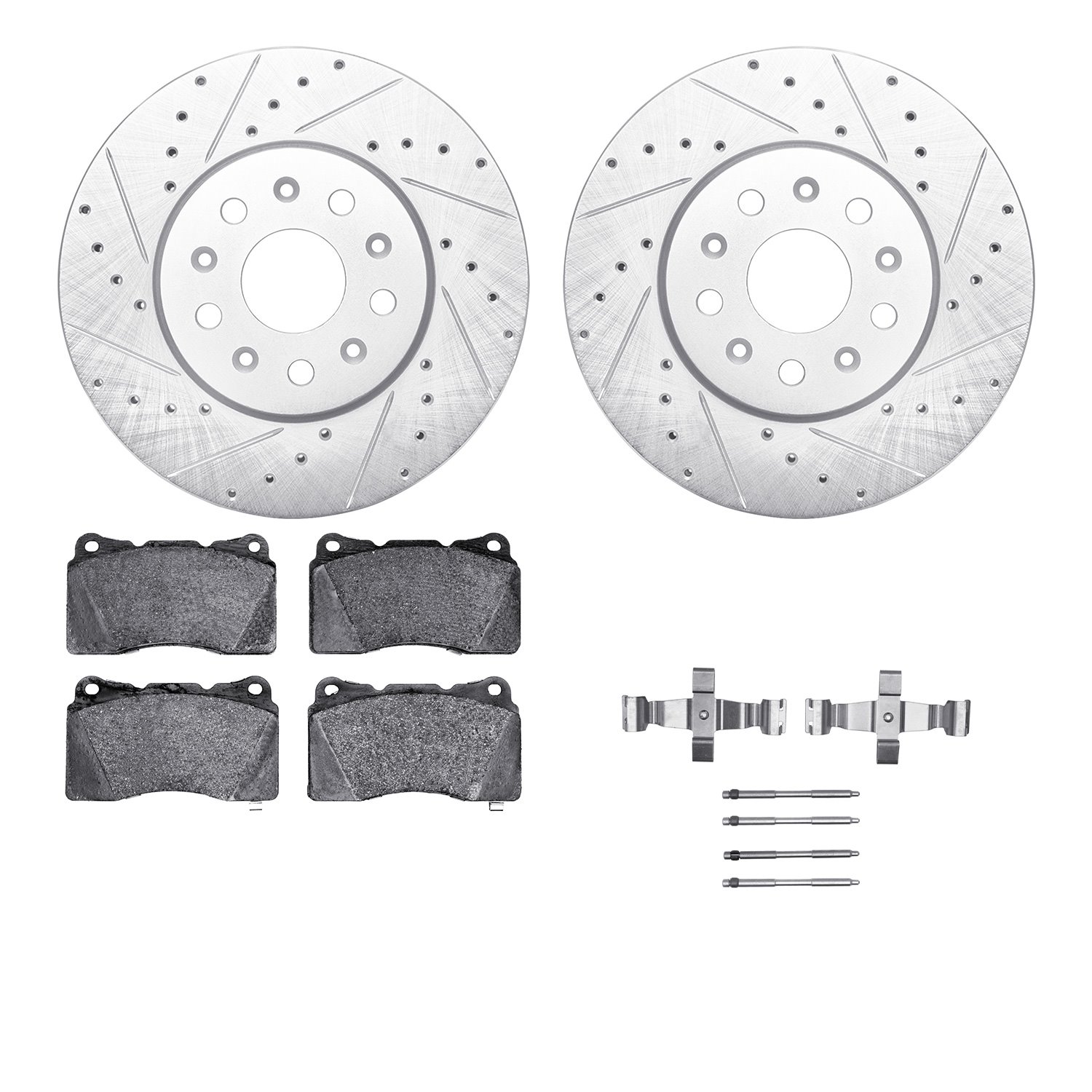 7512-46045 Drilled/Slotted Brake Rotors w/5000 Advanced Brake Pads Kit & Hardware [Silver], 2014-2019 GM, Position: Front