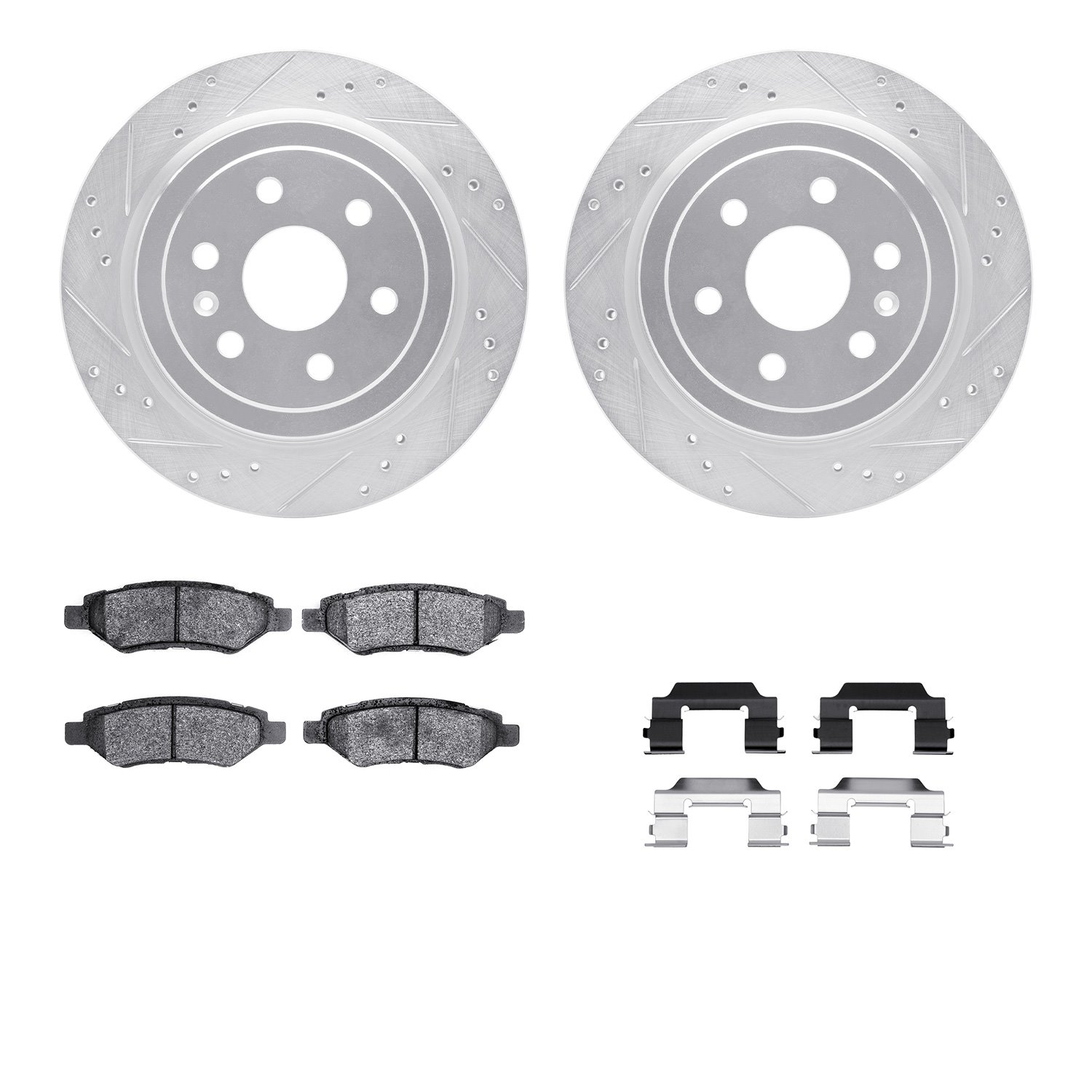 7512-46046 Drilled/Slotted Brake Rotors w/5000 Advanced Brake Pads Kit & Hardware [Silver], 2010-2016 GM, Position: Rear