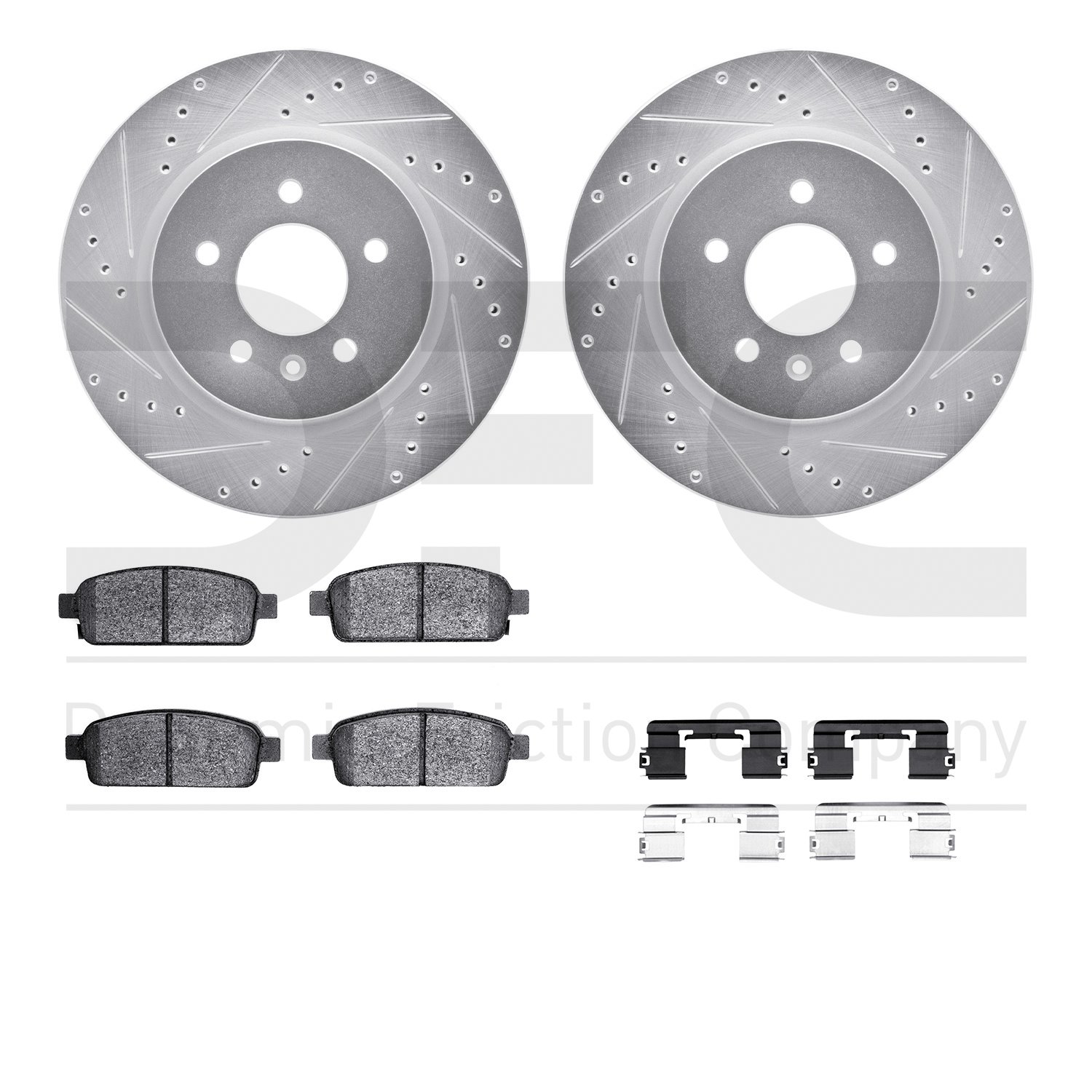 7512-46051 Drilled/Slotted Brake Rotors w/5000 Advanced Brake Pads Kit & Hardware [Silver], 2016-2016 GM, Position: Rear