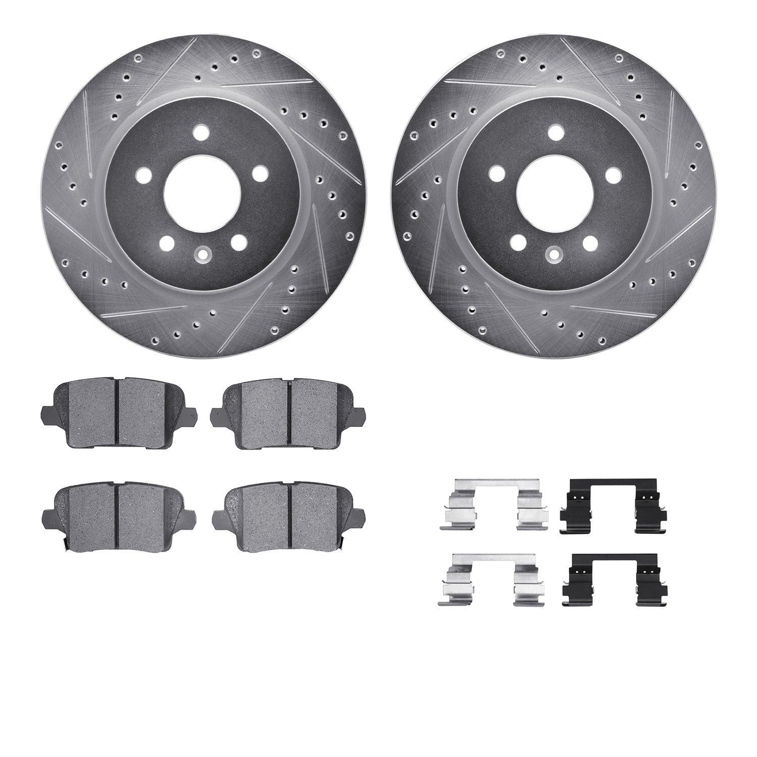 7512-46052 Drilled/Slotted Brake Rotors w/5000 Advanced Brake Pads Kit & Hardware [Silver], 2018-2020 GM, Position: Rear